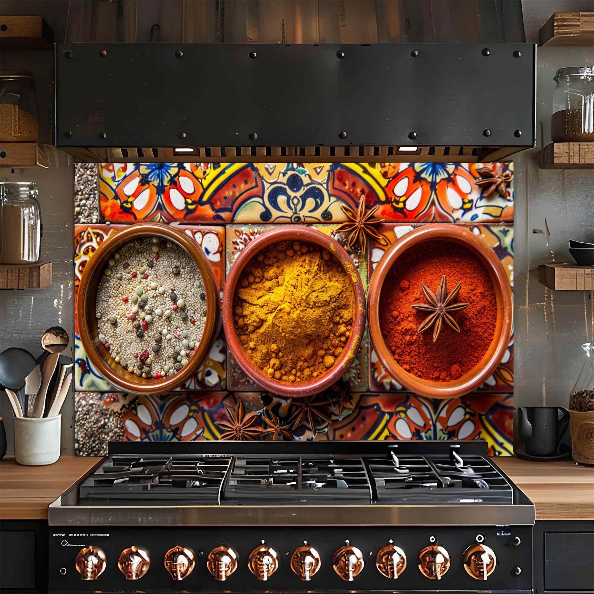 Spice Harmony – Tempered Glass Backsplash for Kitchen | Colorful Spice Bowls Backsplash