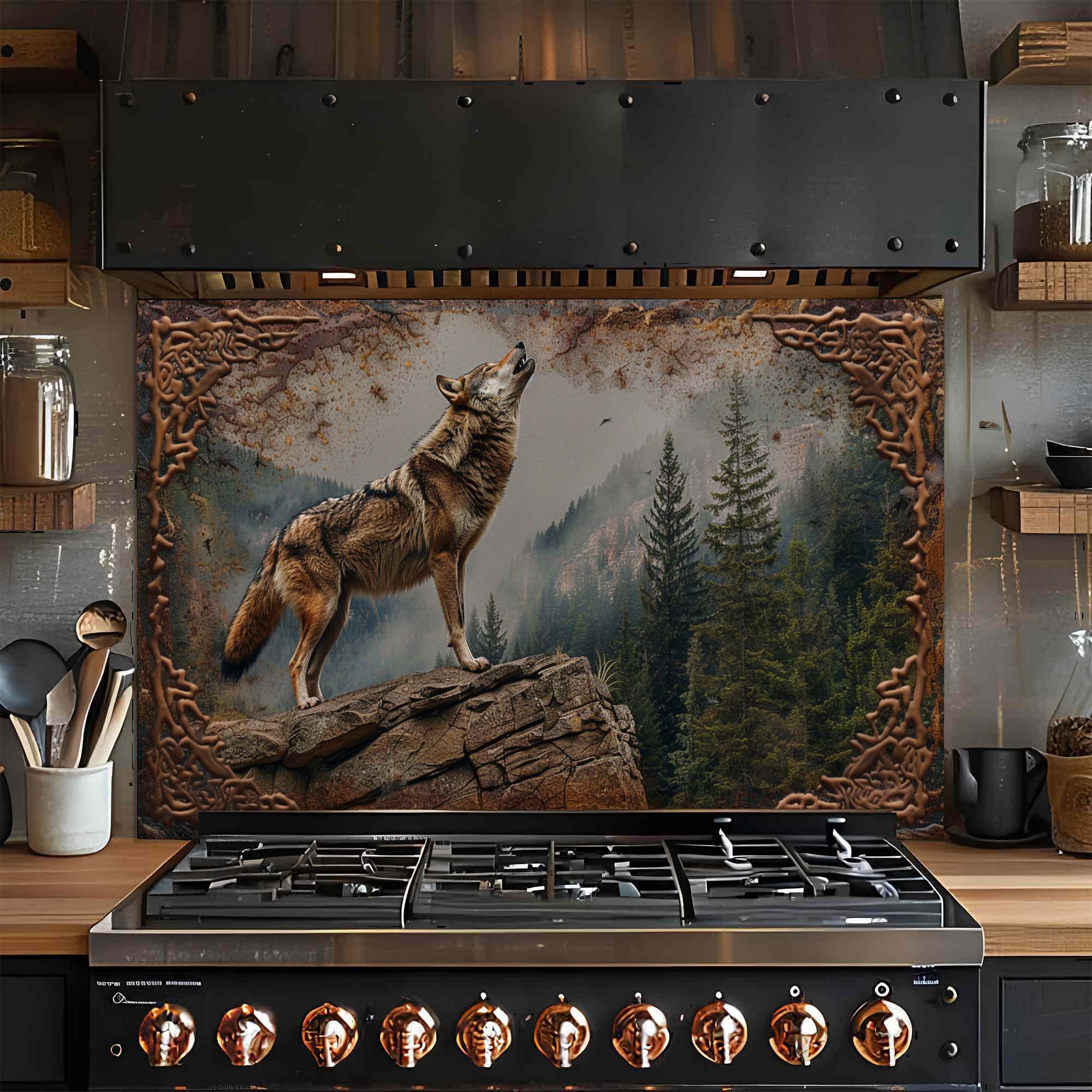 Howl Spirit – Tempered Glass Backsplash for Kitchen | Wolf and Forest Landscape Backsplash