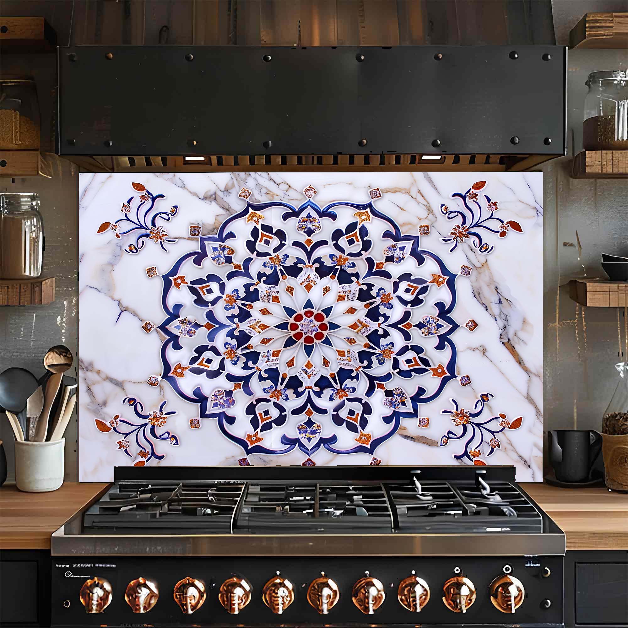 Mosaico Imperial – Salpicadero de cristal templado para cocina – Salpicadero Mandala Azul y Oro