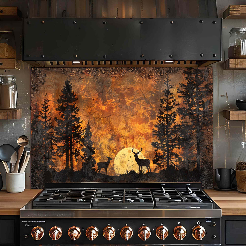 Forest Ember – Tempered Glass Backsplash for Kitchen | Deer & Pine Tree Silhouette Backsplash