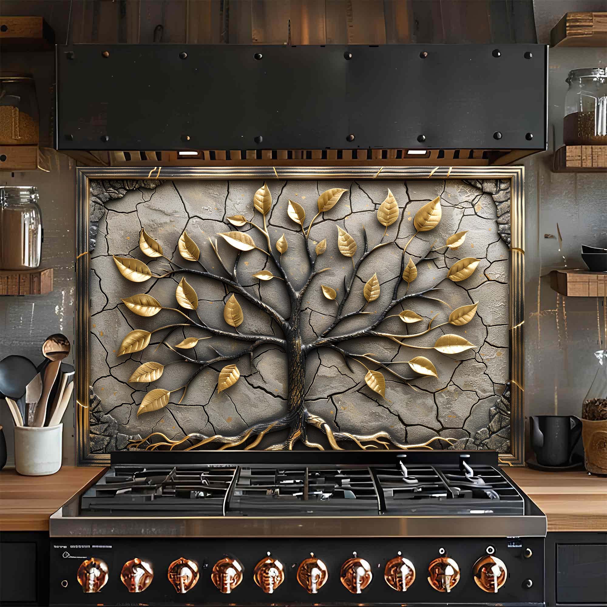 Golden Roots – Salpicadero de Vidrio Templado para Cocina – Salpicadero de Cocina Árbol de la Vida