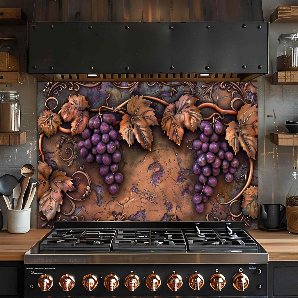 Tuscan Grape – Tempered Glass Backsplash for Kitchen | Copper Look Vineyard Backsplash