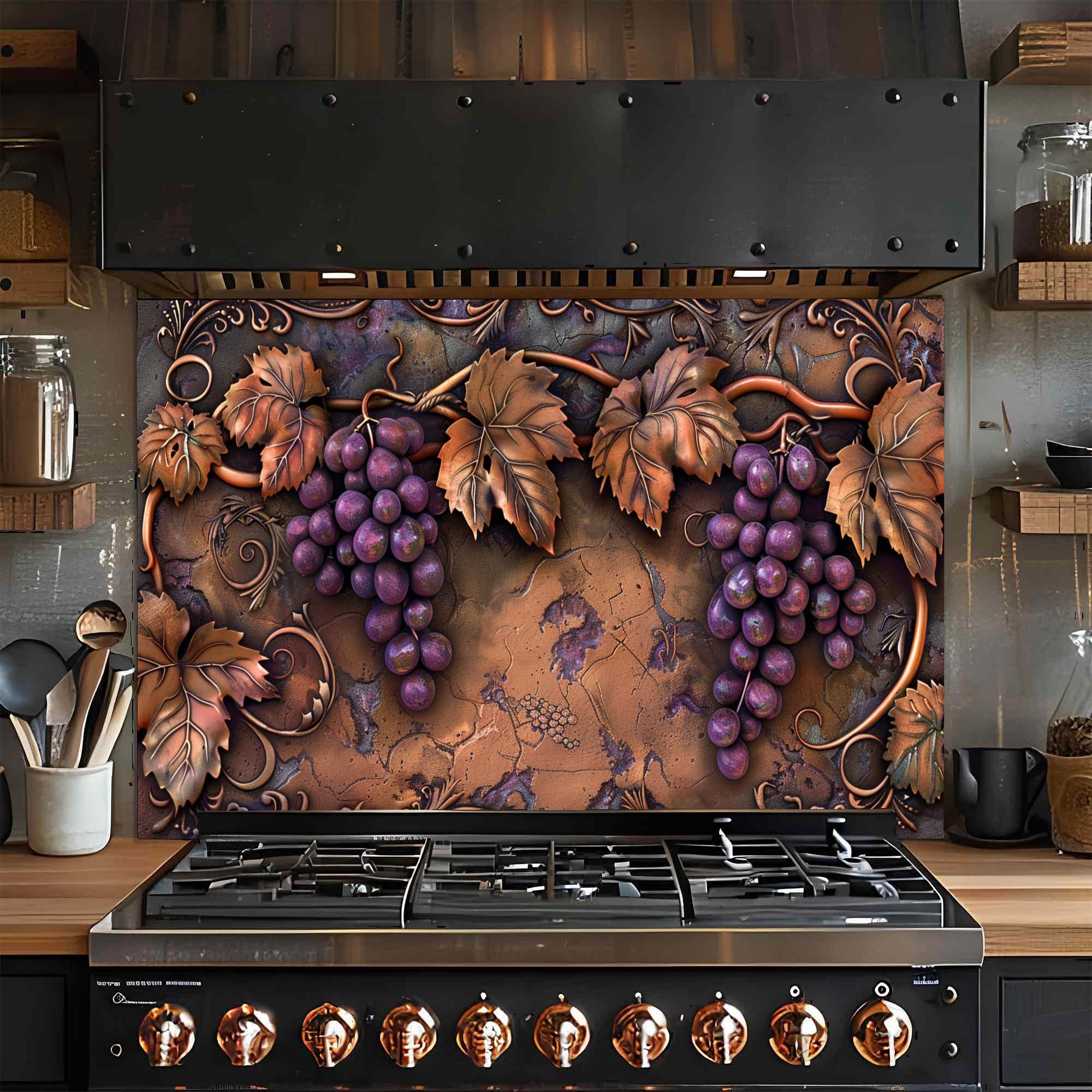 Tuscan Grape – Tempered Glass Backsplash for Kitchen | Copper Look Vineyard Backsplash