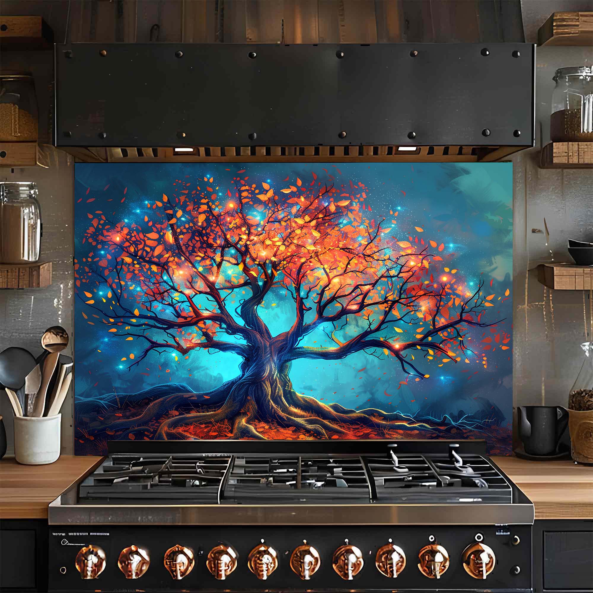 Enchanted Tree of Light – Tempered Glass Backsplash for Kitchen – Nature Splashback