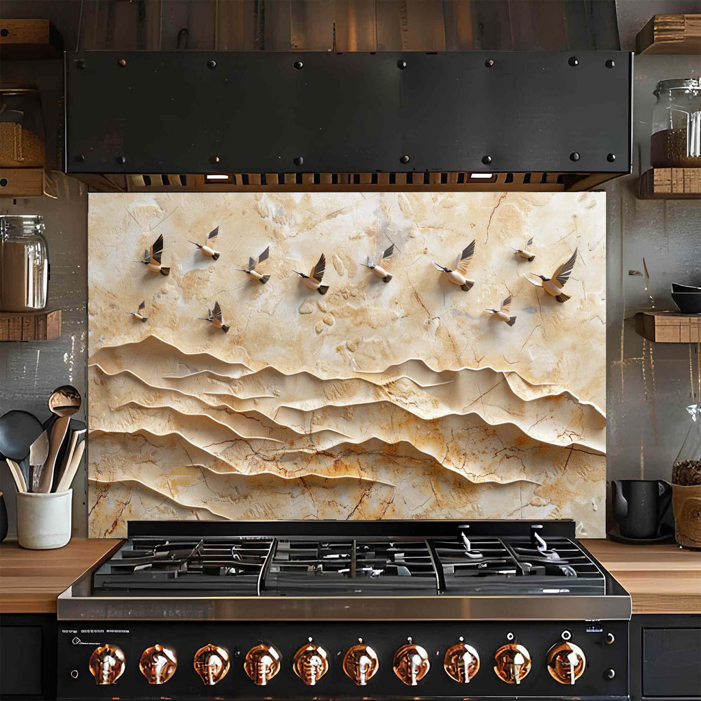 Golden Flight – Tempered Glass Backsplash for Kitchen | Flying Birds Backsplash