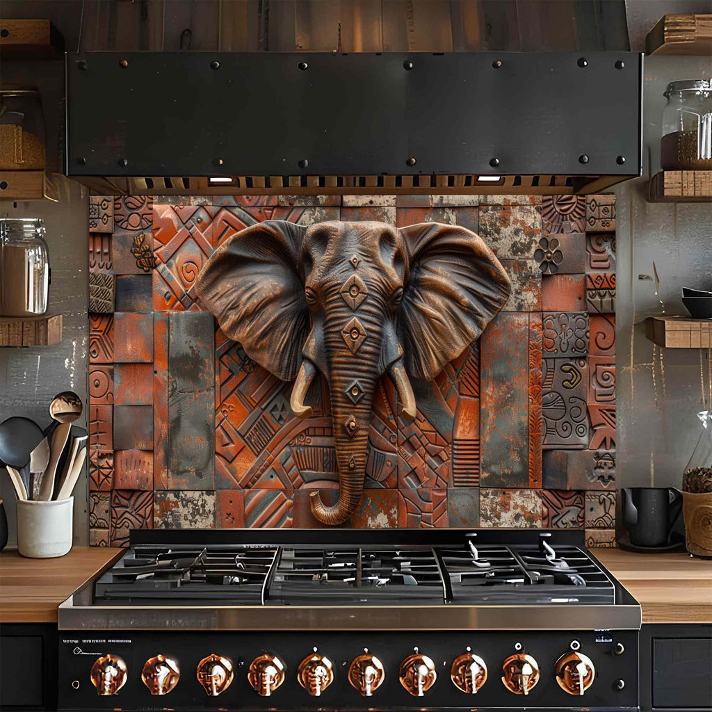 Tribal Elephant – Tempered Glass Backsplash | African Ethnic Pattern Kitchen Backsplash