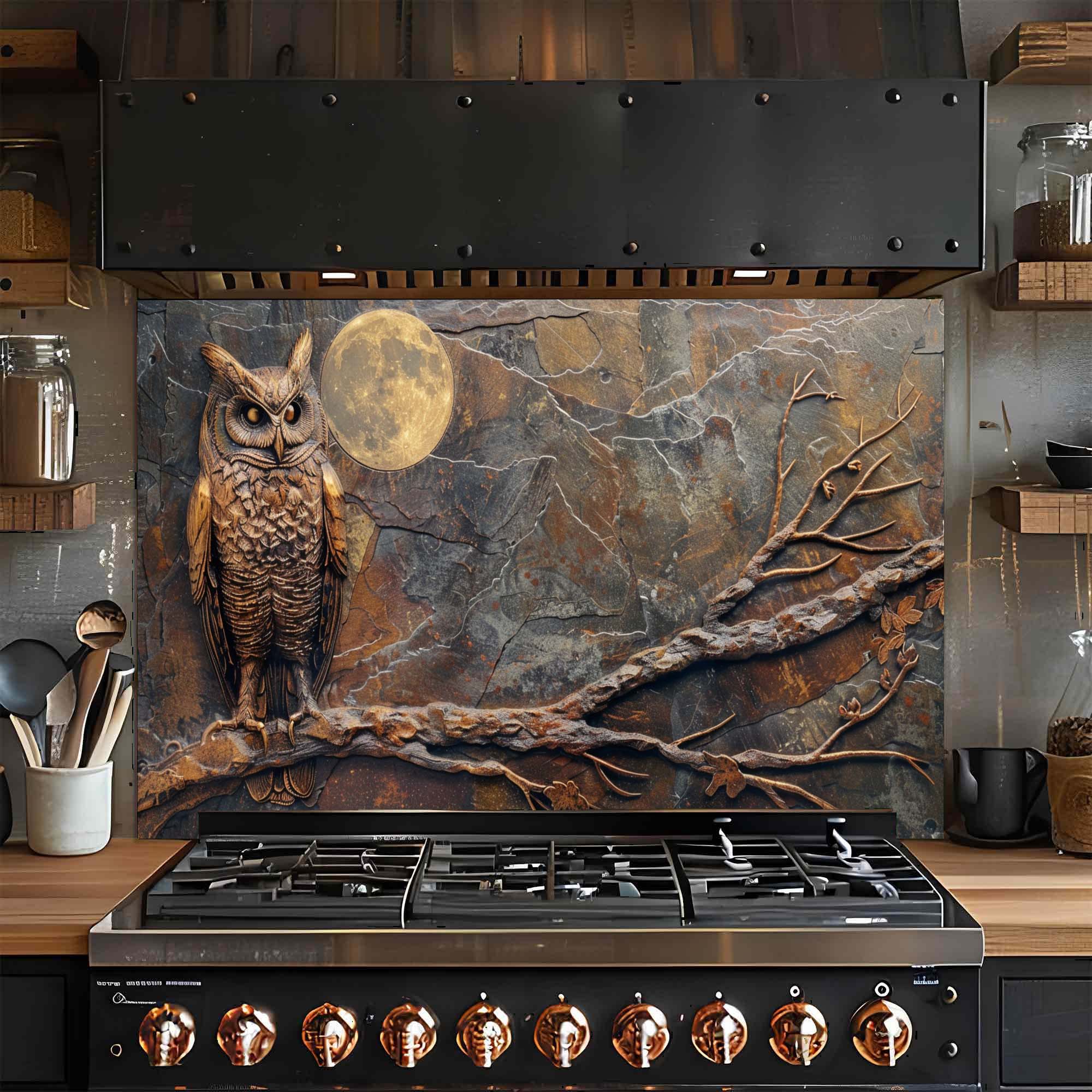 Midnight Owl Watch Tempered Glass Backsplash | Owl and Full Moon Backsplash
