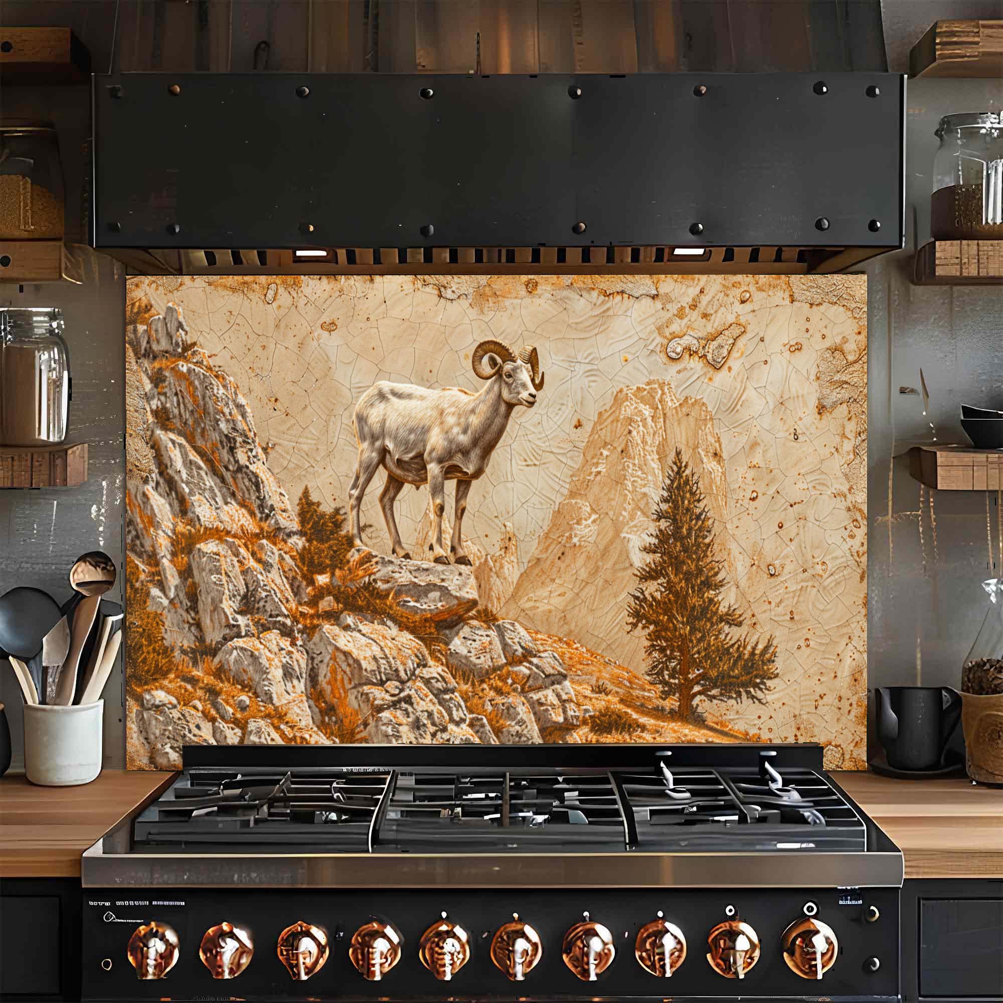 Mountain Pride – Protector contra salpicaduras de vidrio templado para cocina | Protector contra salpicaduras de carnero salvaje en acantilado rocoso