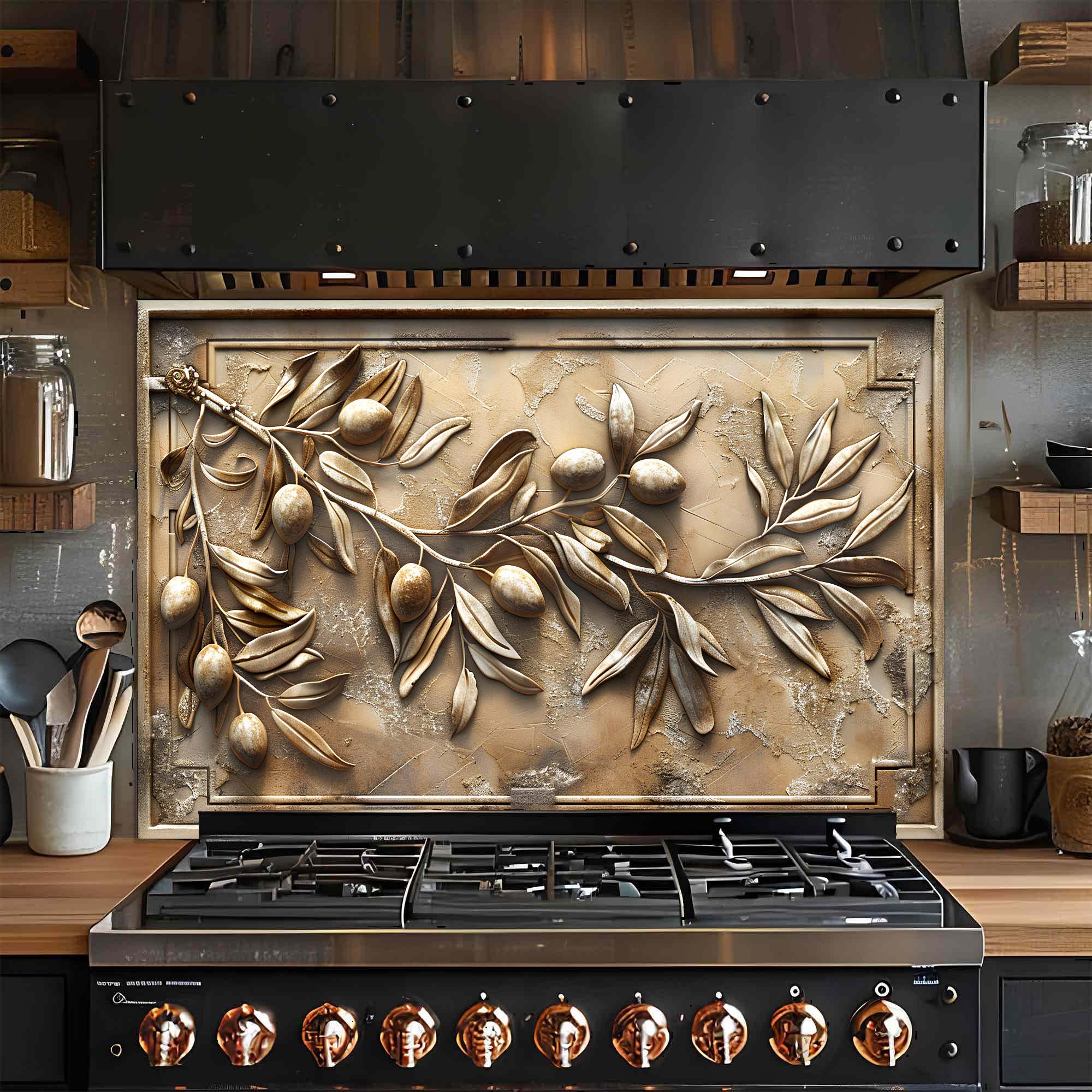 Olive Grace – Tempered Glass Backsplash for Kitchen | Textured Olive Branch Backsplash