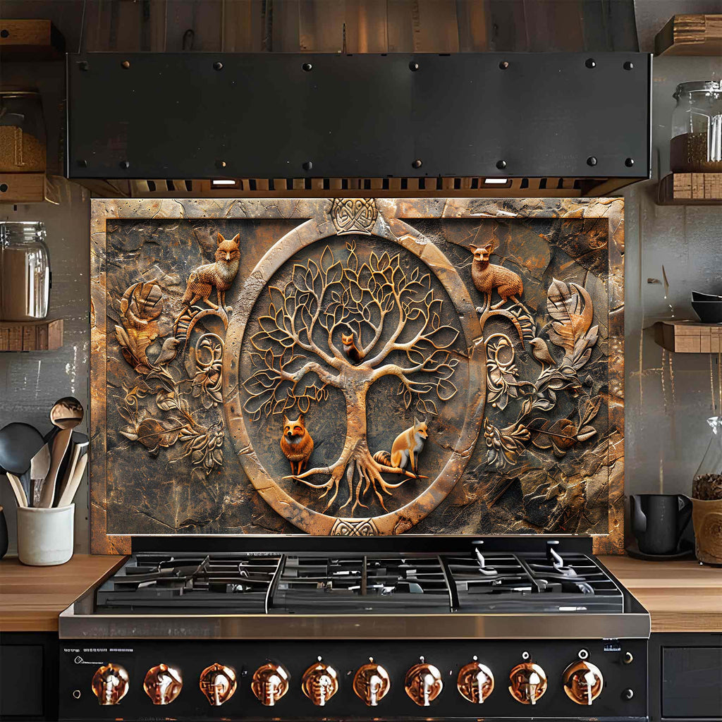 Fox Wisdom Tree – Tempered Glass Backsplash | Tree of Life with Forest Animals Backsplash