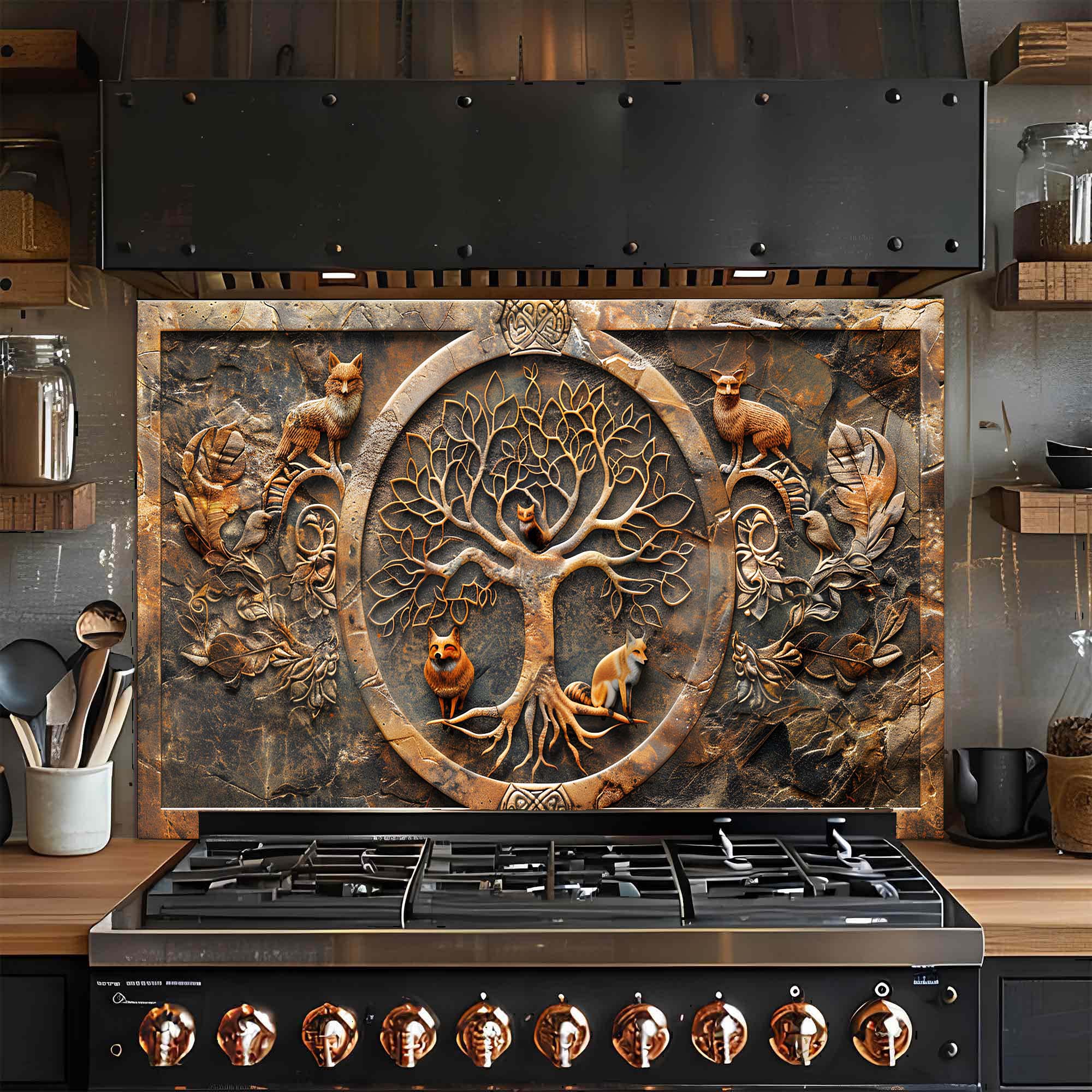 Fox Wisdom Tree – Tempered Glass Backsplash | Tree of Life with Forest Animals Backsplash