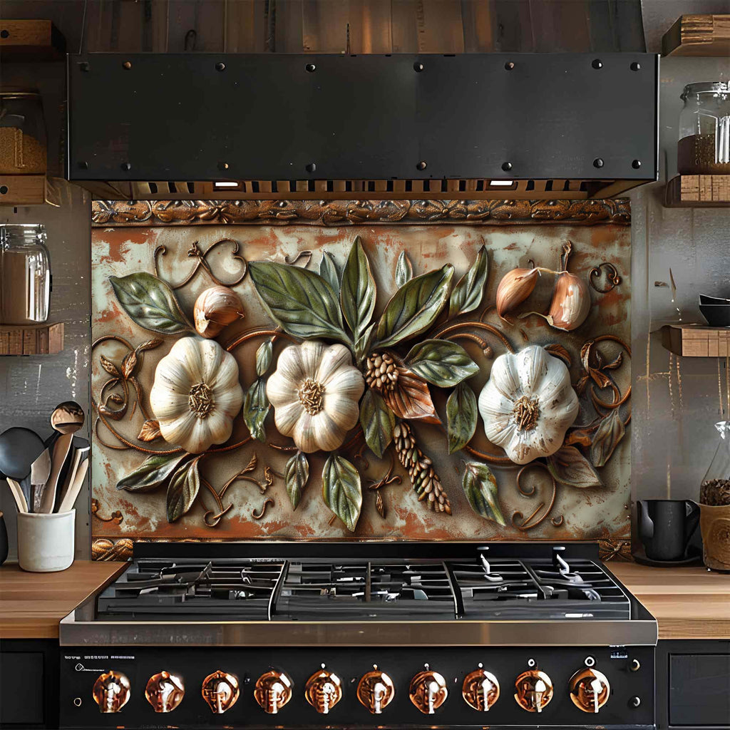 Salpicadero de cristal templado Tuscan Garlic Garden para cocina | Salpicadero con diseño de ajos y hojas