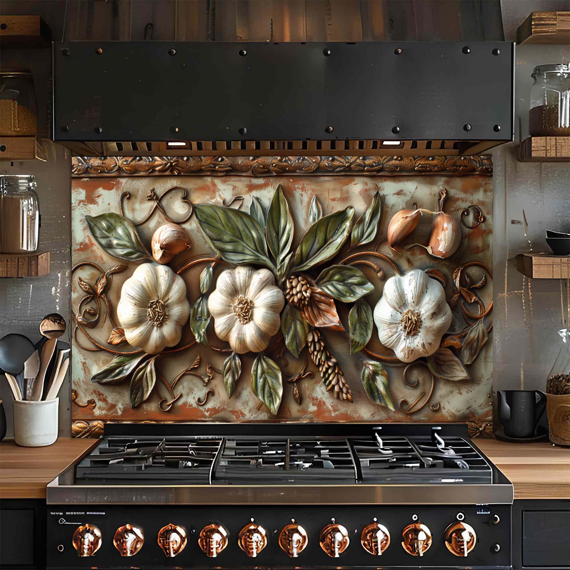Salpicadero de cristal templado Tuscan Garlic Garden para cocina | Salpicadero con diseño de ajos y hojas