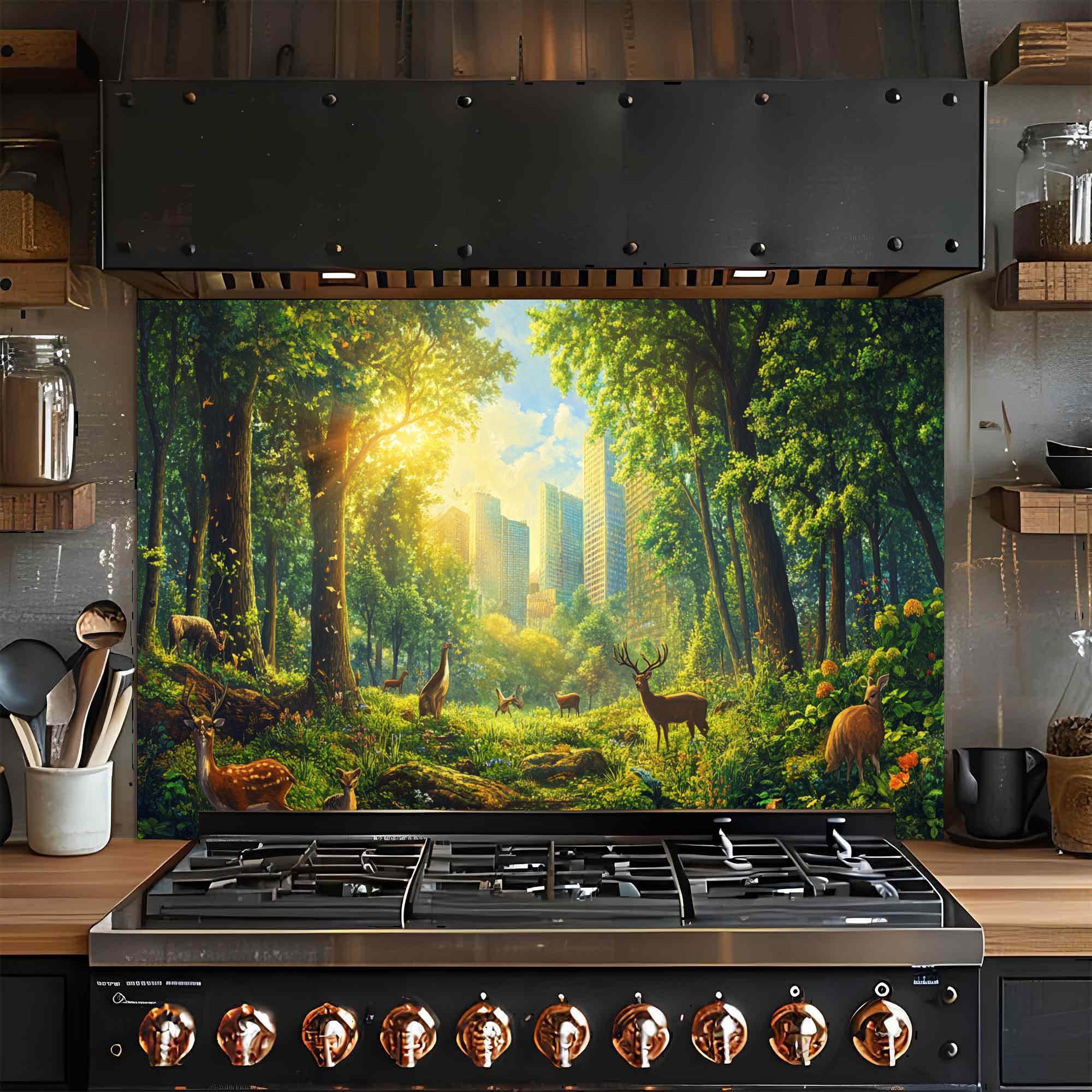 Urban Eden – Tempered Glass Backsplash for Kitchen | Nature & Urban Contrast Backsplash