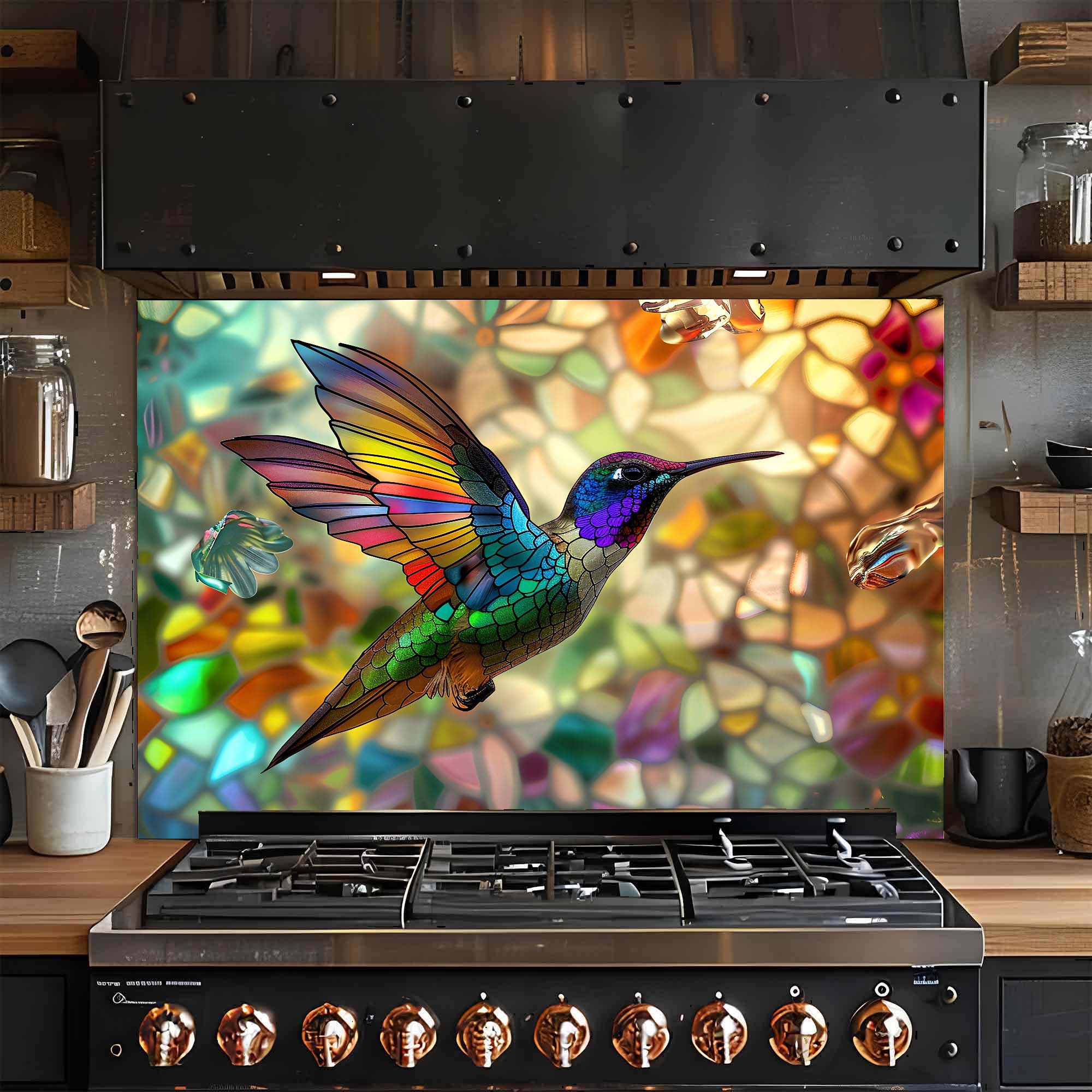Armonía de Colibrí – Salpicadero de Cocina de Cristal Templado – Salpicadero con Aspecto de Vidriera
