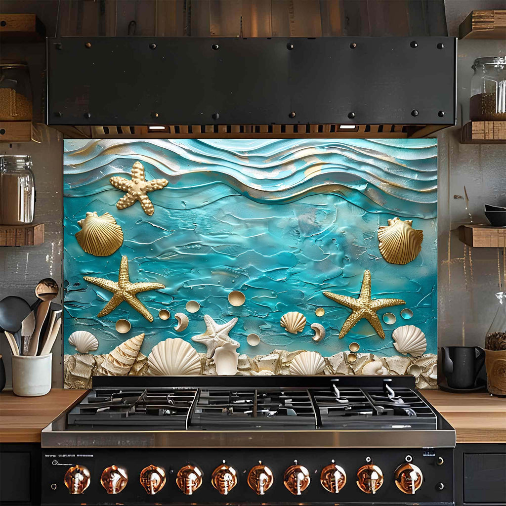 Ocean Breeze – Salpicadero de Cristal Templado para Cocina – Salpicadero de Conchas Marinas Costeras