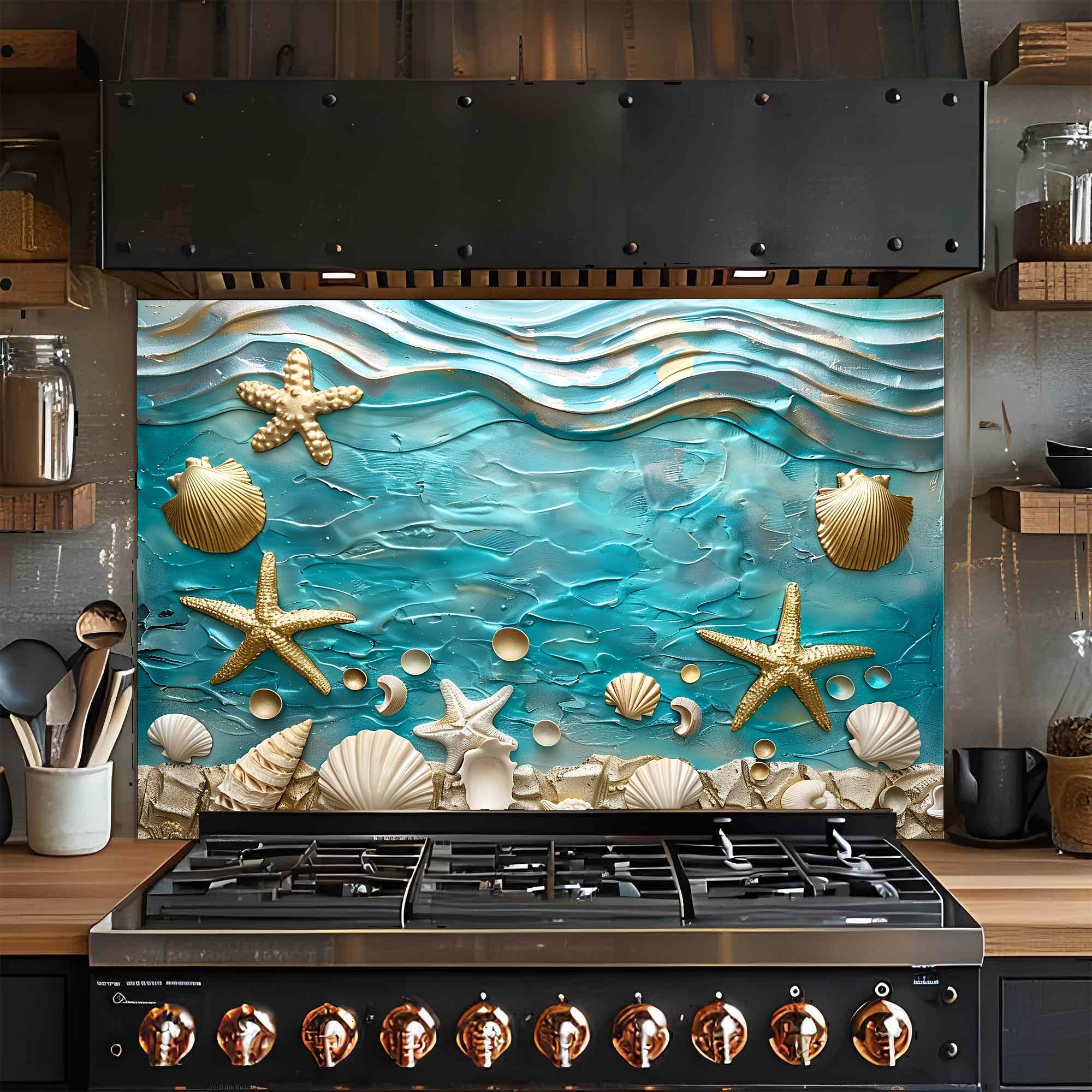 Ocean Breeze – Salpicadero de Cristal Templado para Cocina – Salpicadero de Conchas Marinas Costeras