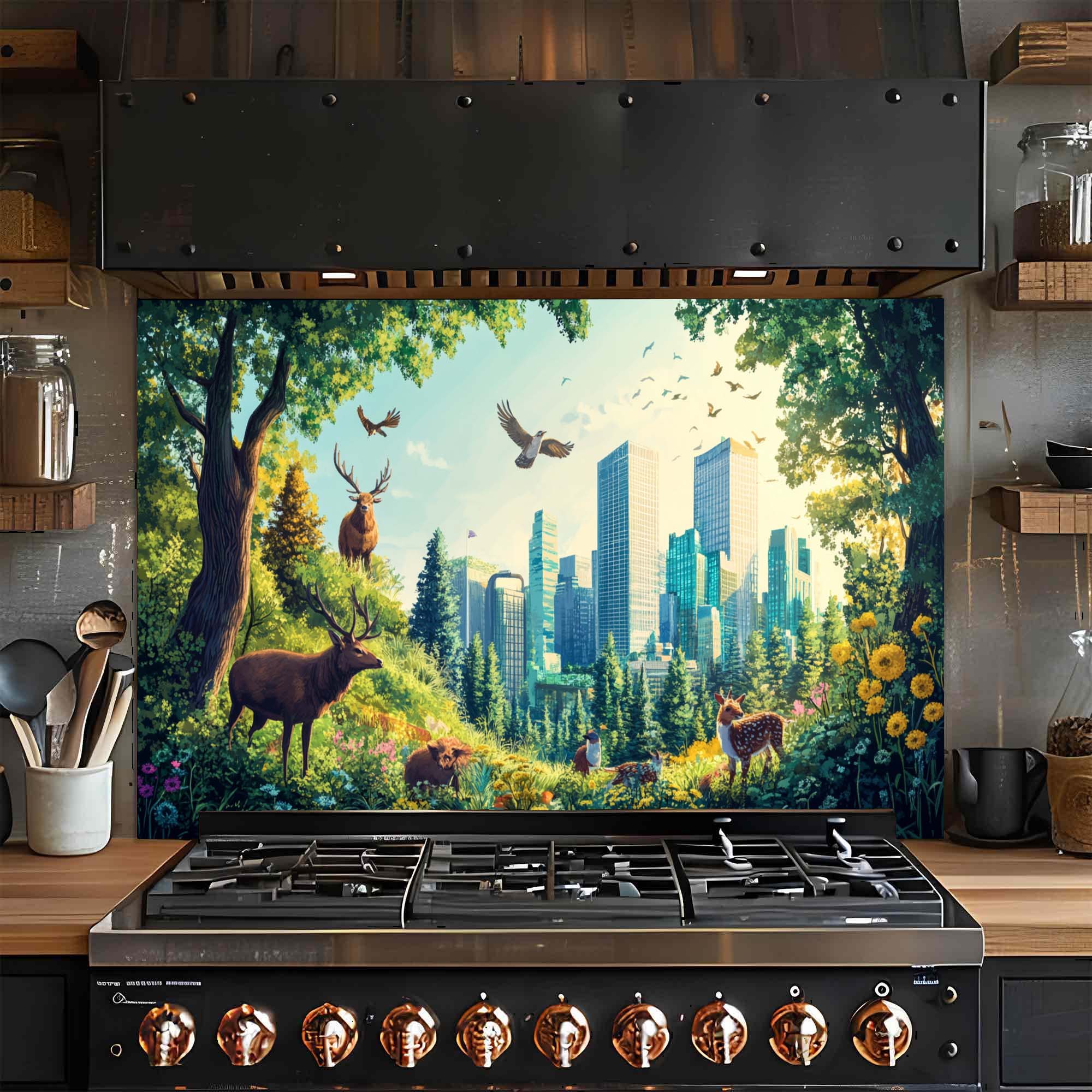 Emerald Haven – Salpicadero de Cristal Templado para Cocina | Salpicadero Vibrante de Bosque Urbano