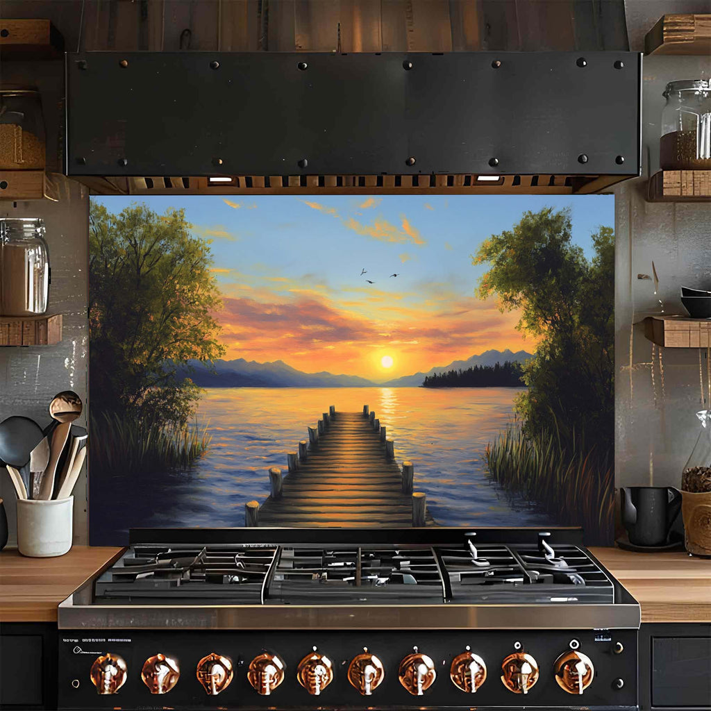 Golden Dock – Tempered Glass Backsplash for Kitchen Stove | Lakeside Sunset Backsplash