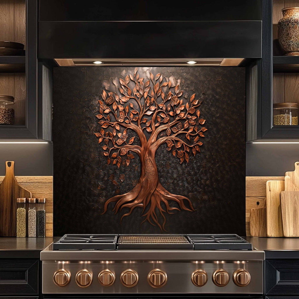 Bronze Tree of Life Tempered Glass Backsplash – Elegant Nature-Inspired Kitchen Art