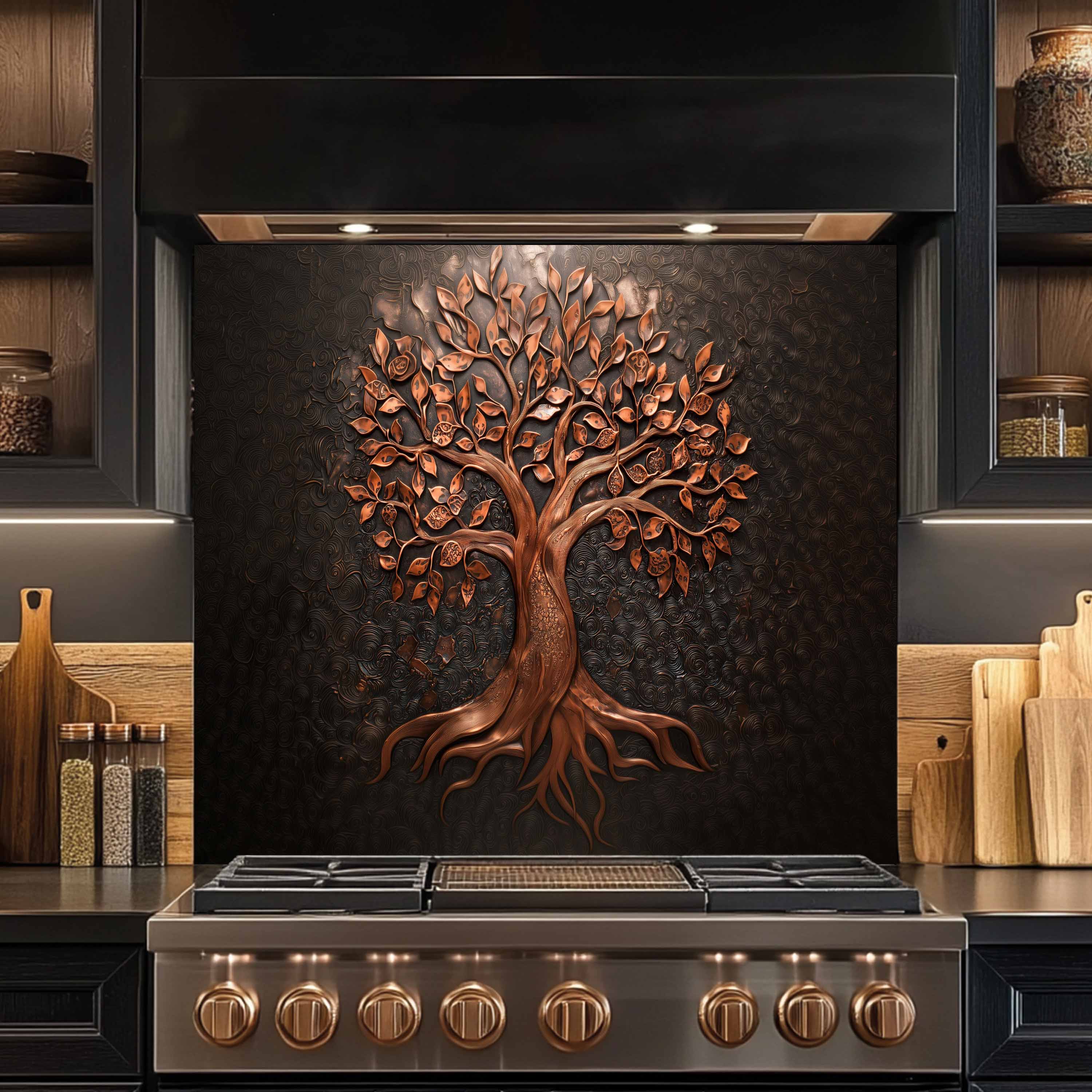 Bronze Tree of Life Tempered Glass Backsplash – Elegant Nature-Inspired Kitchen Art