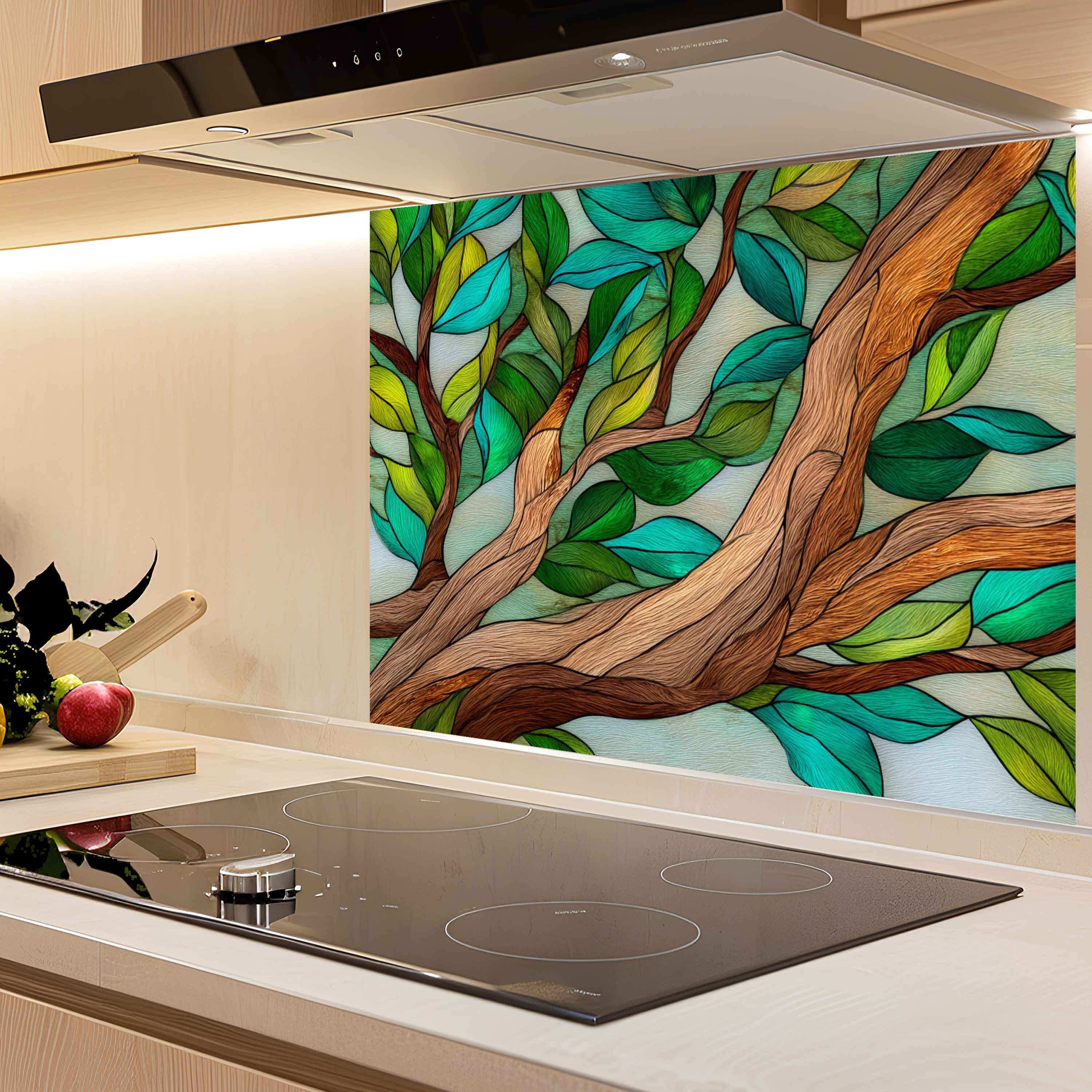 Abrazo Forestal – Protector contra Salpicaduras de Cristal Templado para Cocina | Vitral Inspirado en la Naturaleza