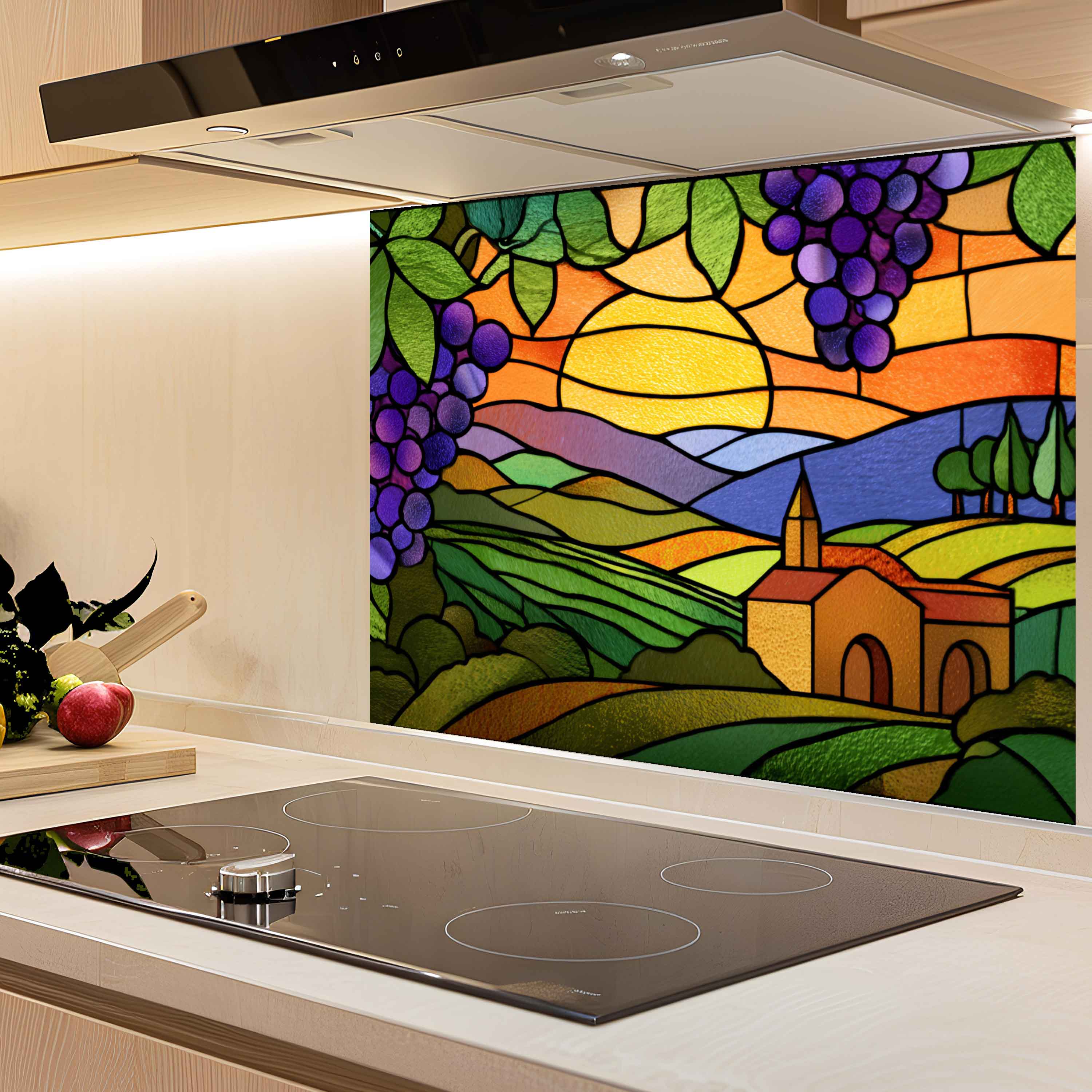 Tempered Glass Backsplash for Kitchen | Stained Glass Grape Vineyard Sunset