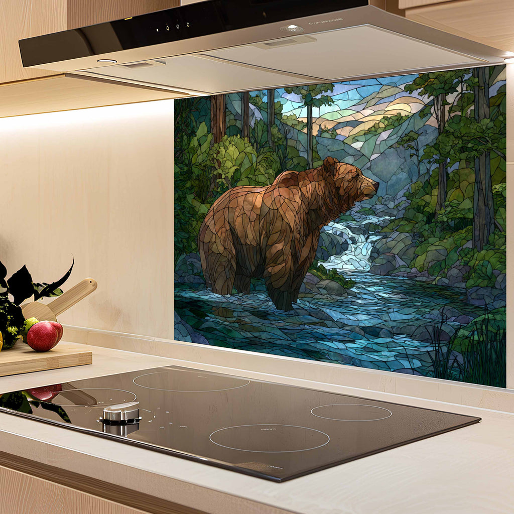 Forest Stream with Bear – Tempered Glass Backsplash For Lodge Kitchens