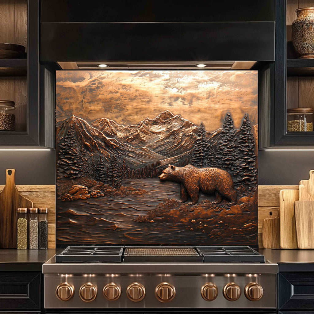 Panel antisalpicaduras de vidrio templado Valley Watcher – Panel antisalpicaduras de cocina con oso en la montaña