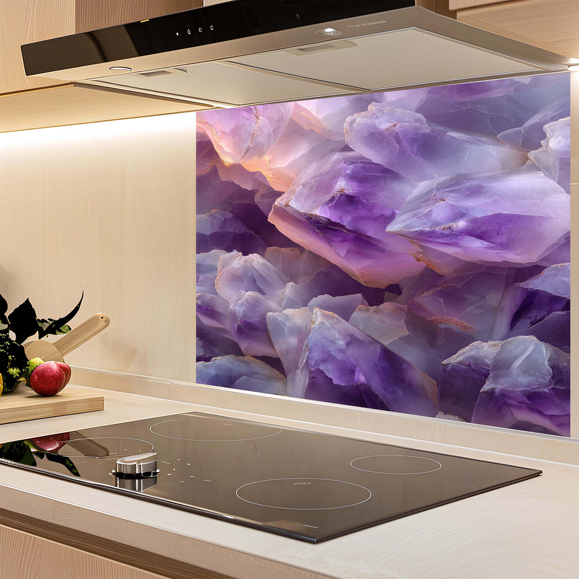 Amethyst Aura – Tempered Glass Backsplash for Kitchen | Spiritual Luxe Design Backsplash