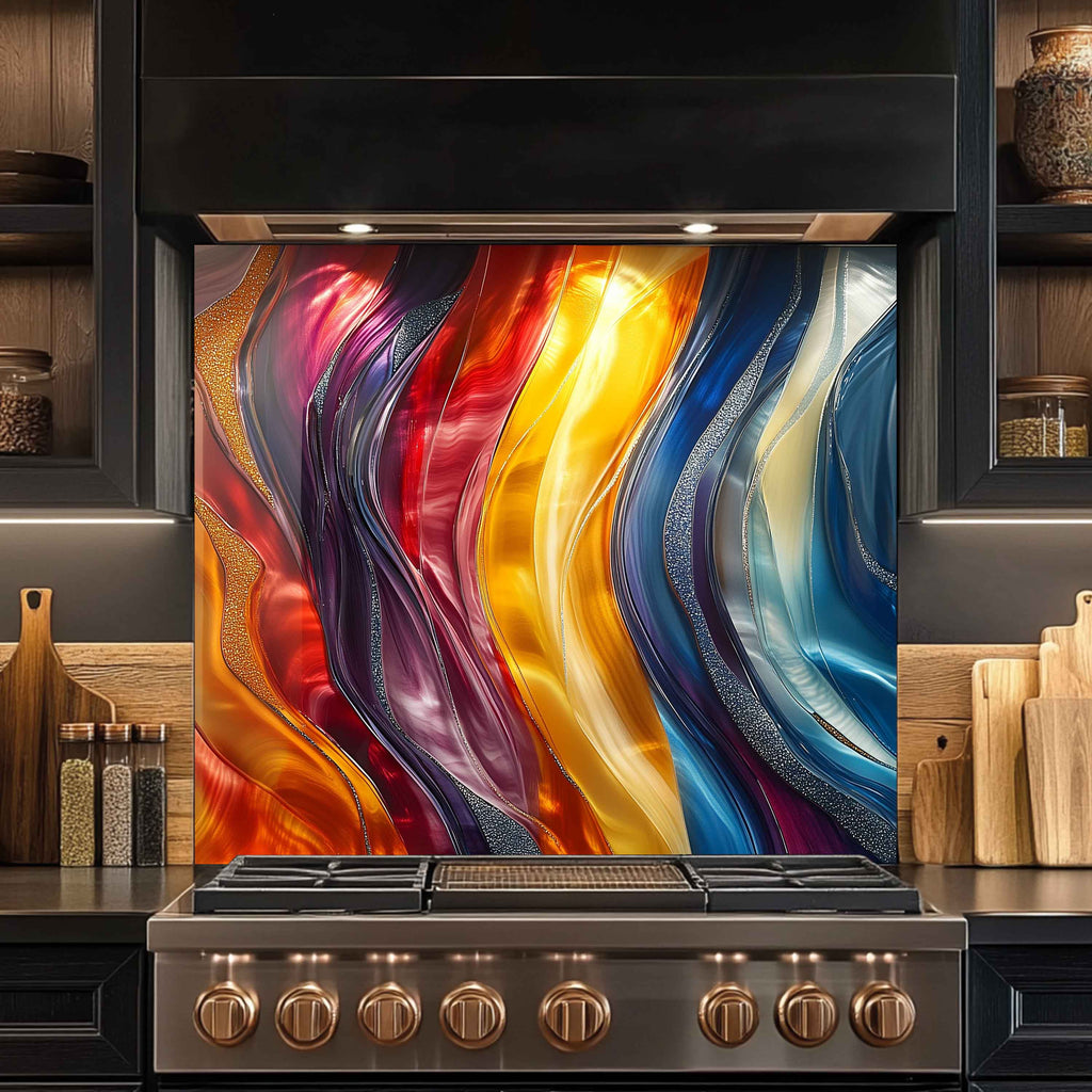 Aurora Waves Salpicadero de cristal templado – Panel de pared de cocina moderno abstracto personalizado