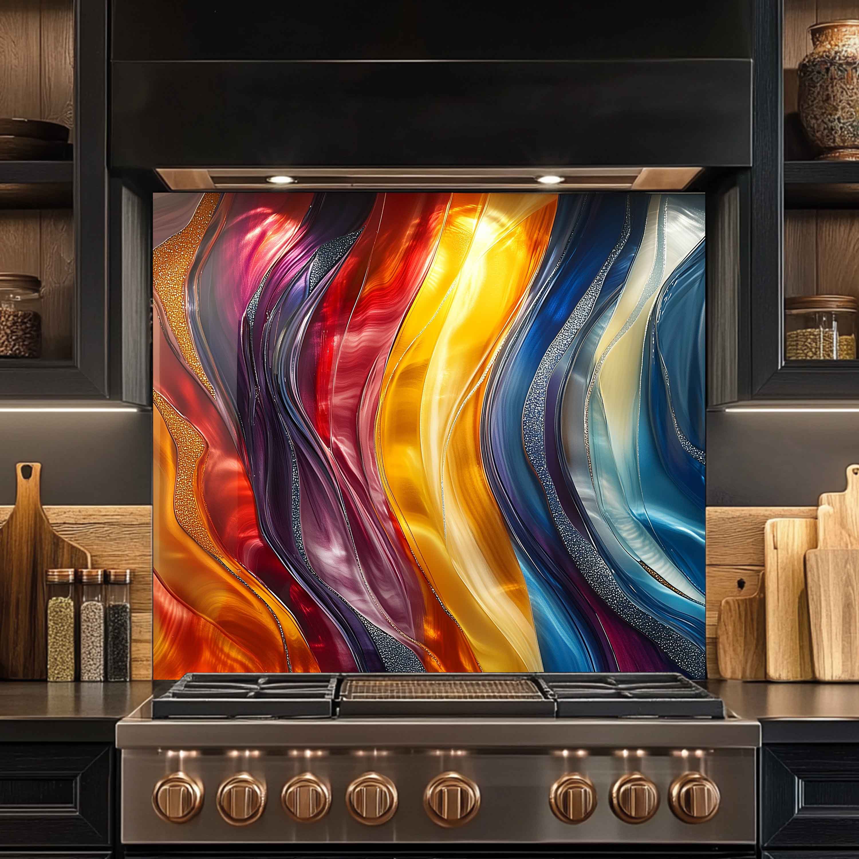 Aurora Waves Salpicadero de cristal templado – Panel de pared de cocina moderno abstracto personalizado