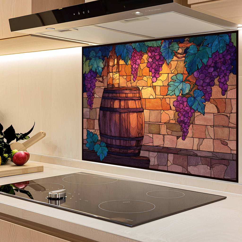 Tempered Glass Backsplash for Kitchen | Rustic Wine Barrel & Vineyard Grape Design