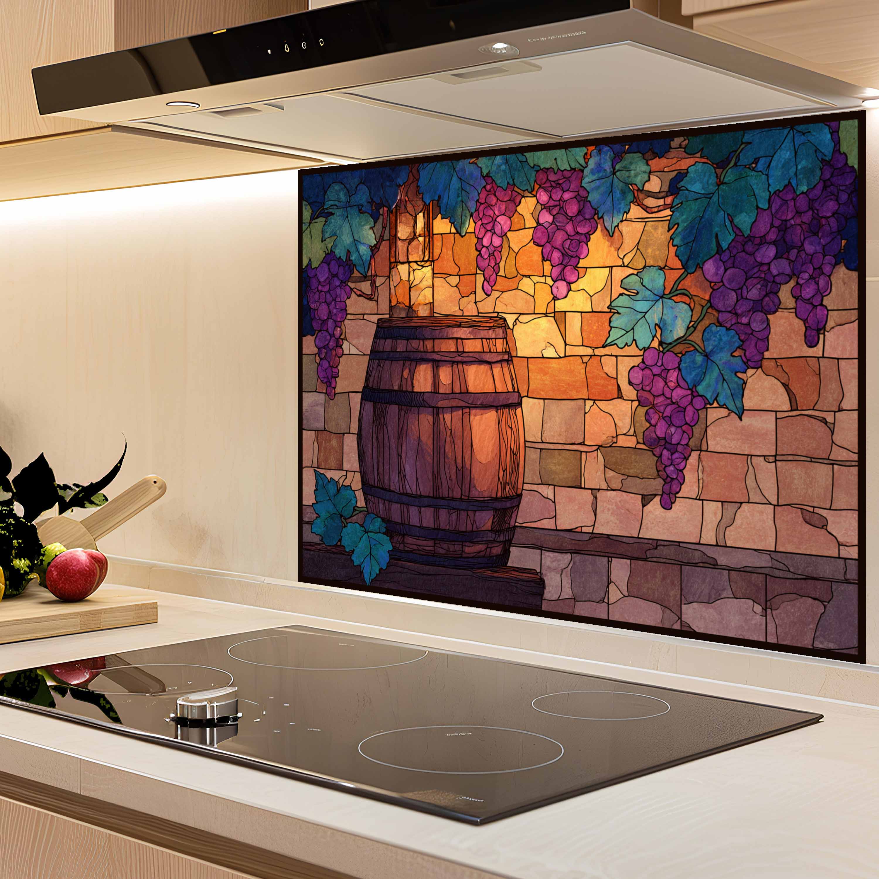 Tempered Glass Backsplash for Kitchen | Rustic Wine Barrel & Vineyard Grape Design