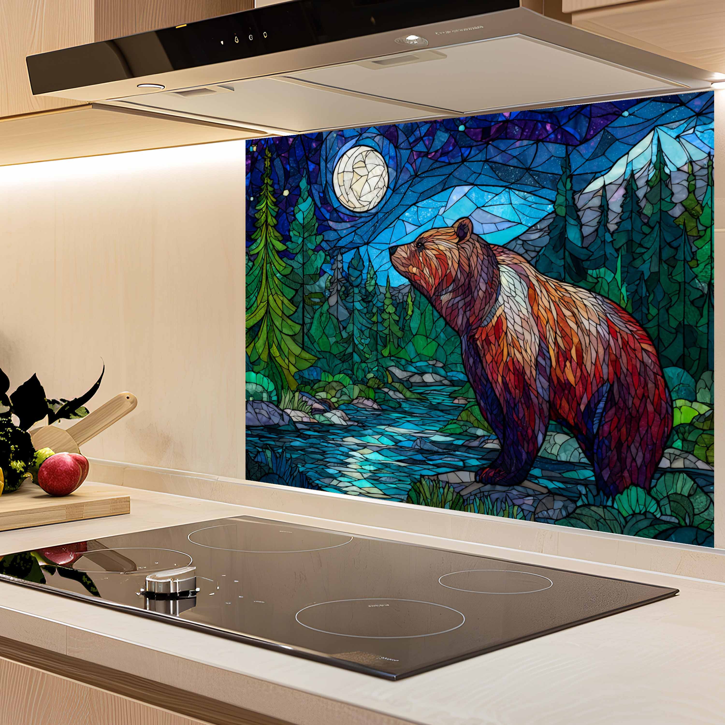 Salpicadero de cocina con diseño de oso nocturno estilo vidriera en mosaico "Moonlit Strength"