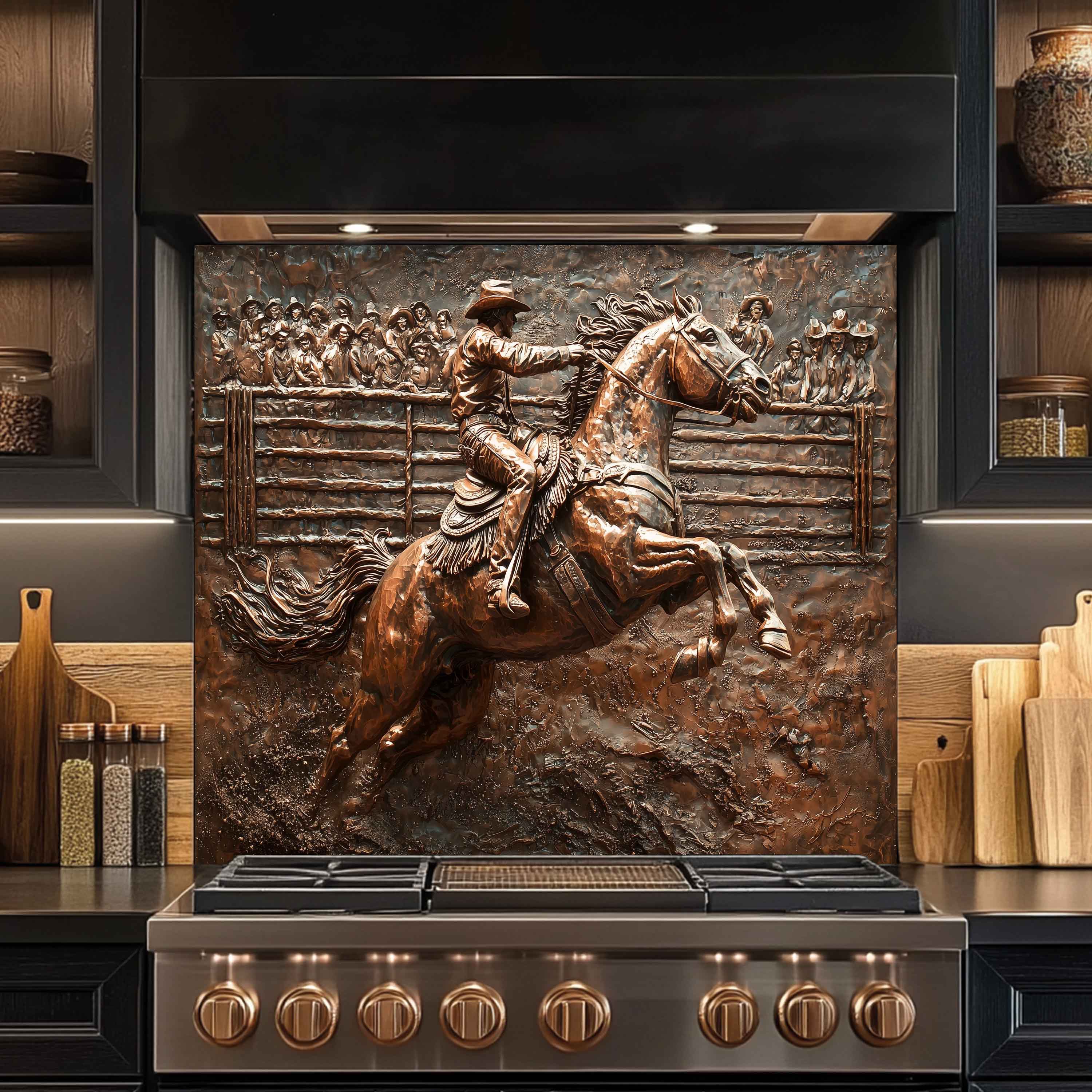 Western Tempered Glass Backsplash for Kitchen | Copper-Look Cowboy & Rodeo Scene