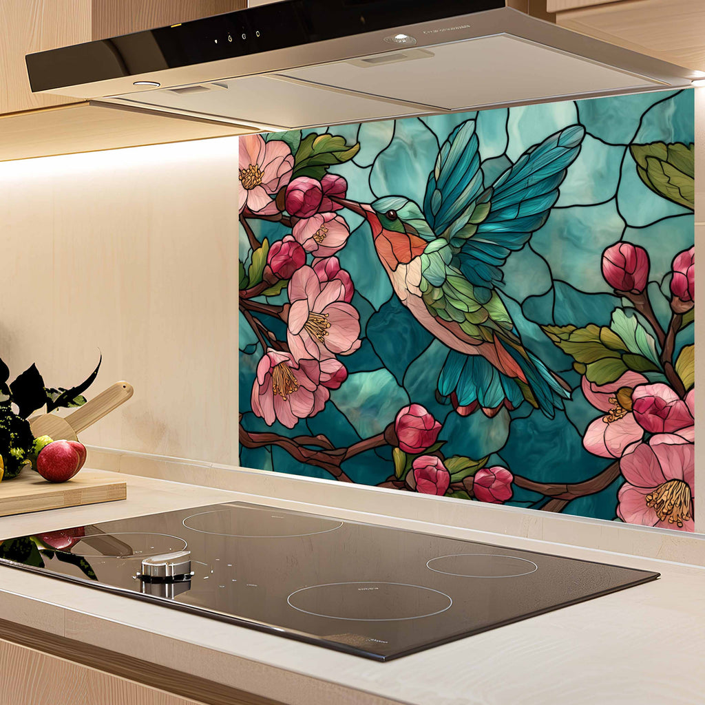 Néctar de Flores – Protector contra salpicaduras de cocina de cristal templado con colibrí