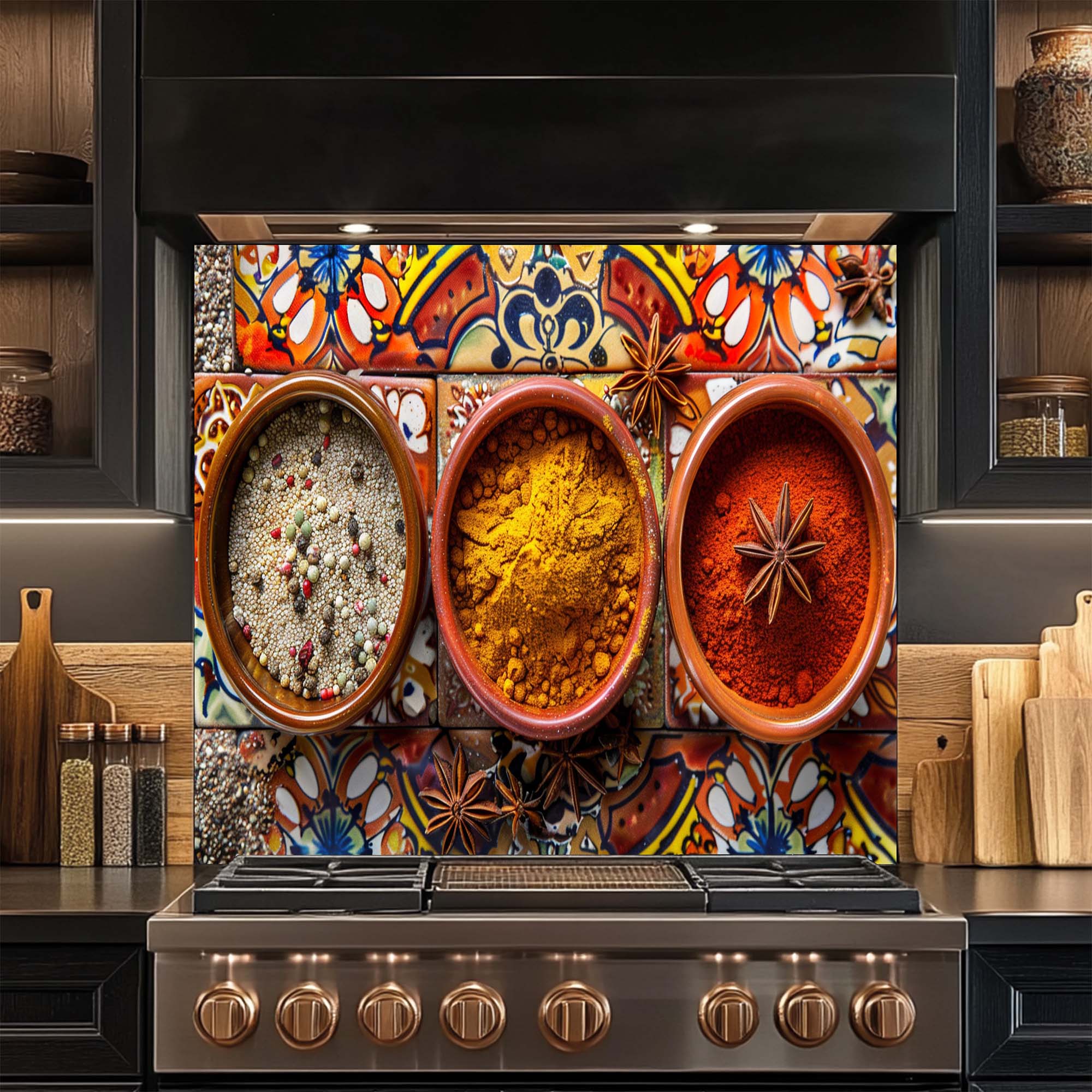 Spice Harmony – Tempered Glass Backsplash for Kitchen | Colorful Spice Bowls Backsplash