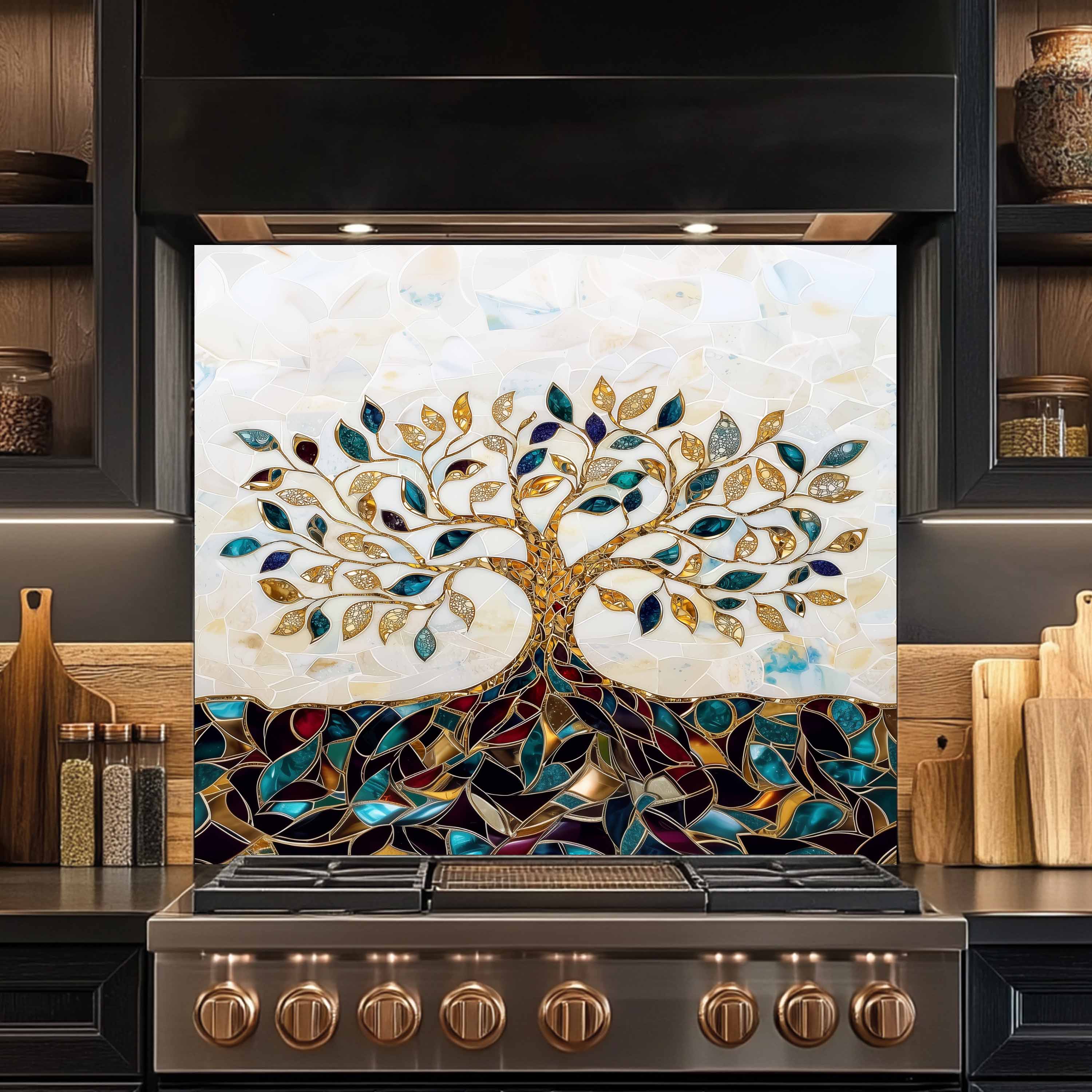 Custom Kitchen Backsplash – Gem Roots Tempered Glass Stove Backsplash