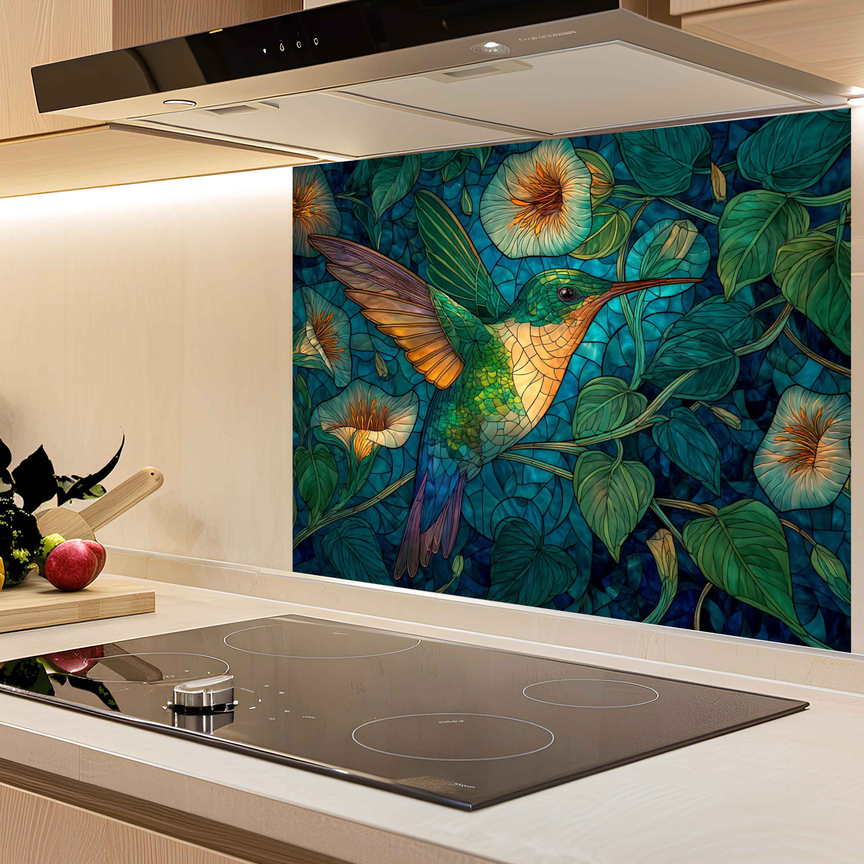 Emerald Flight Kitchen Splashback – Tempered Glass Backsplash with Hummingbird and Floral Vines