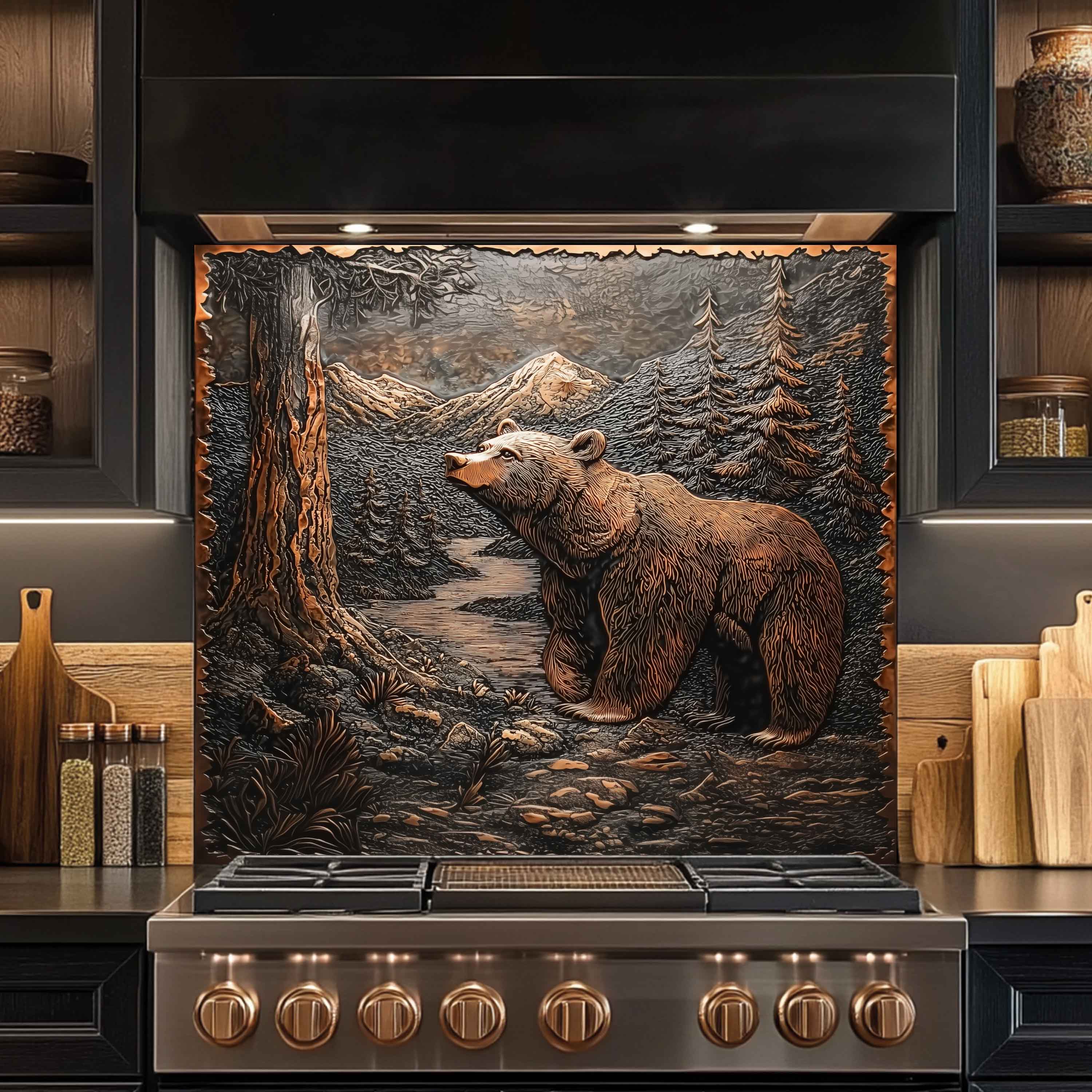 Forest Watch Tempered Glass Backsplash – Copper Bear & River Scene Splashback