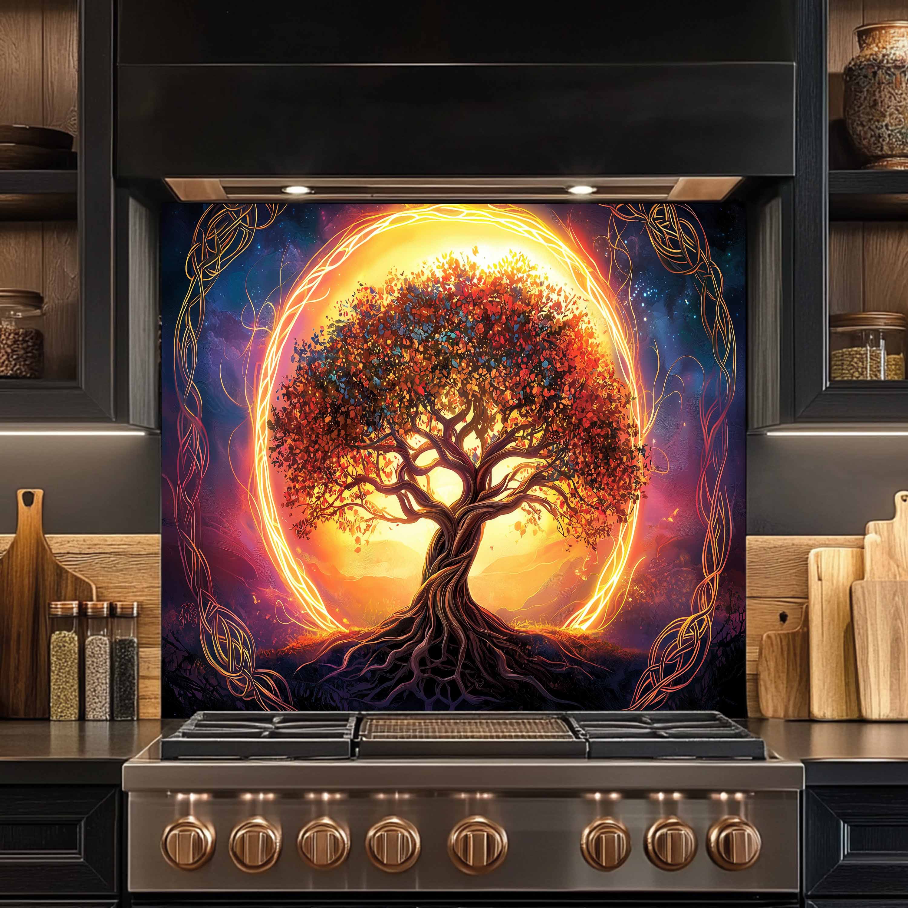 Custom Kitchen Backsplash – Eternal Roots Tempered Glass Stove Backsplash
