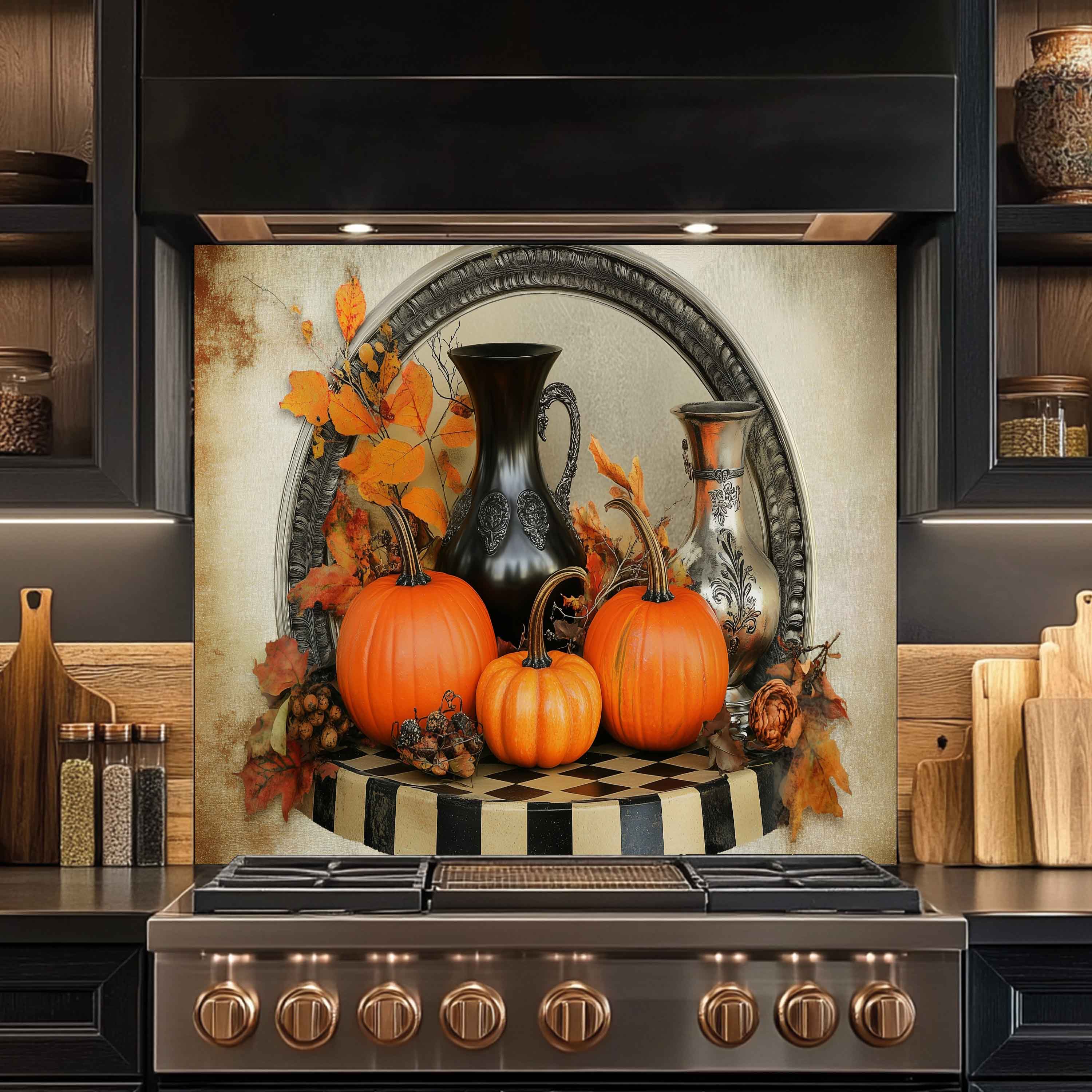 Salpicadero de Cristal Templado Cosecha de Otoño – Arte de Pared Vintage de Calabazas para Cocina