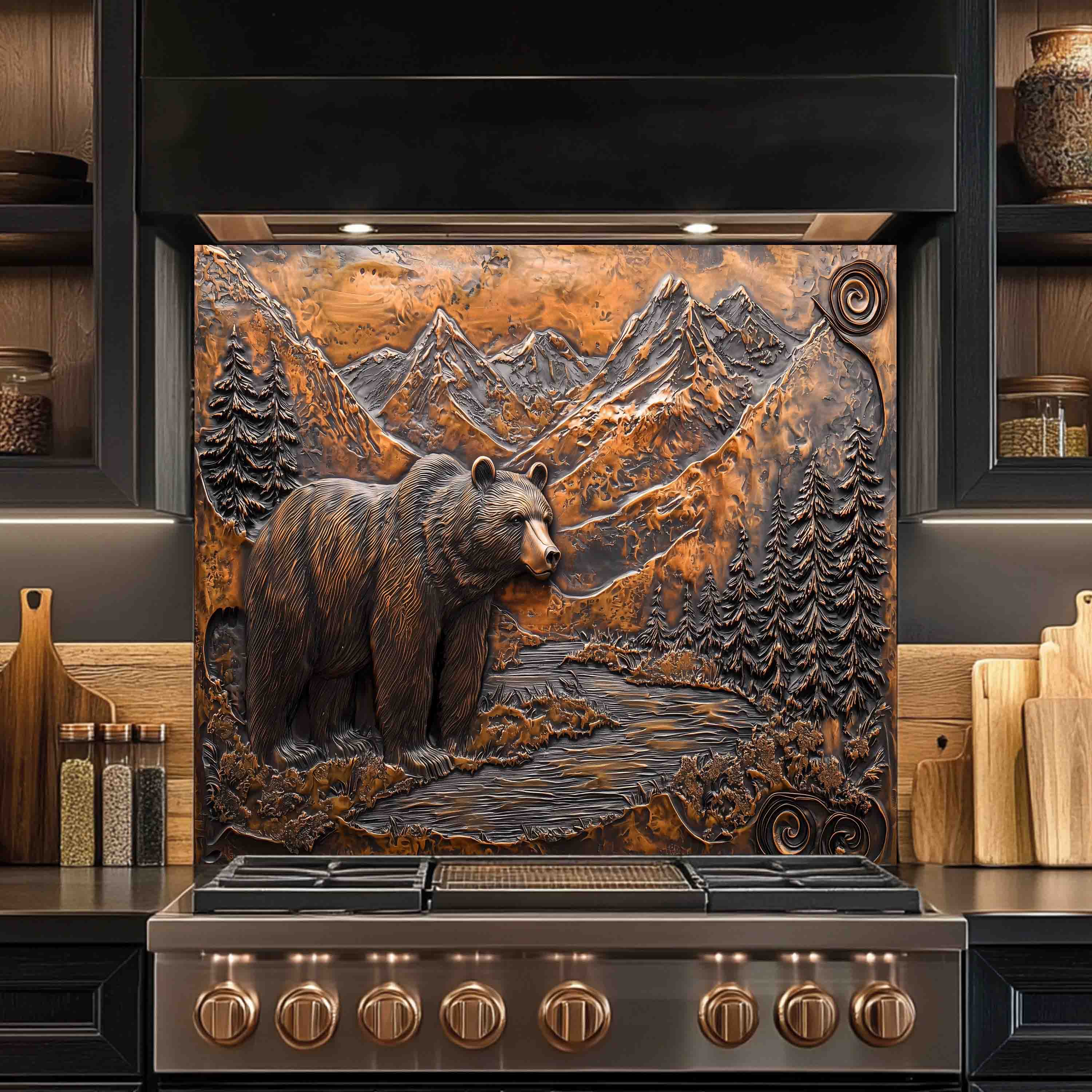 Salpicadero de Cristal Templado Estilo Rústico – Panel de Cocina Oso y Río de Montaña