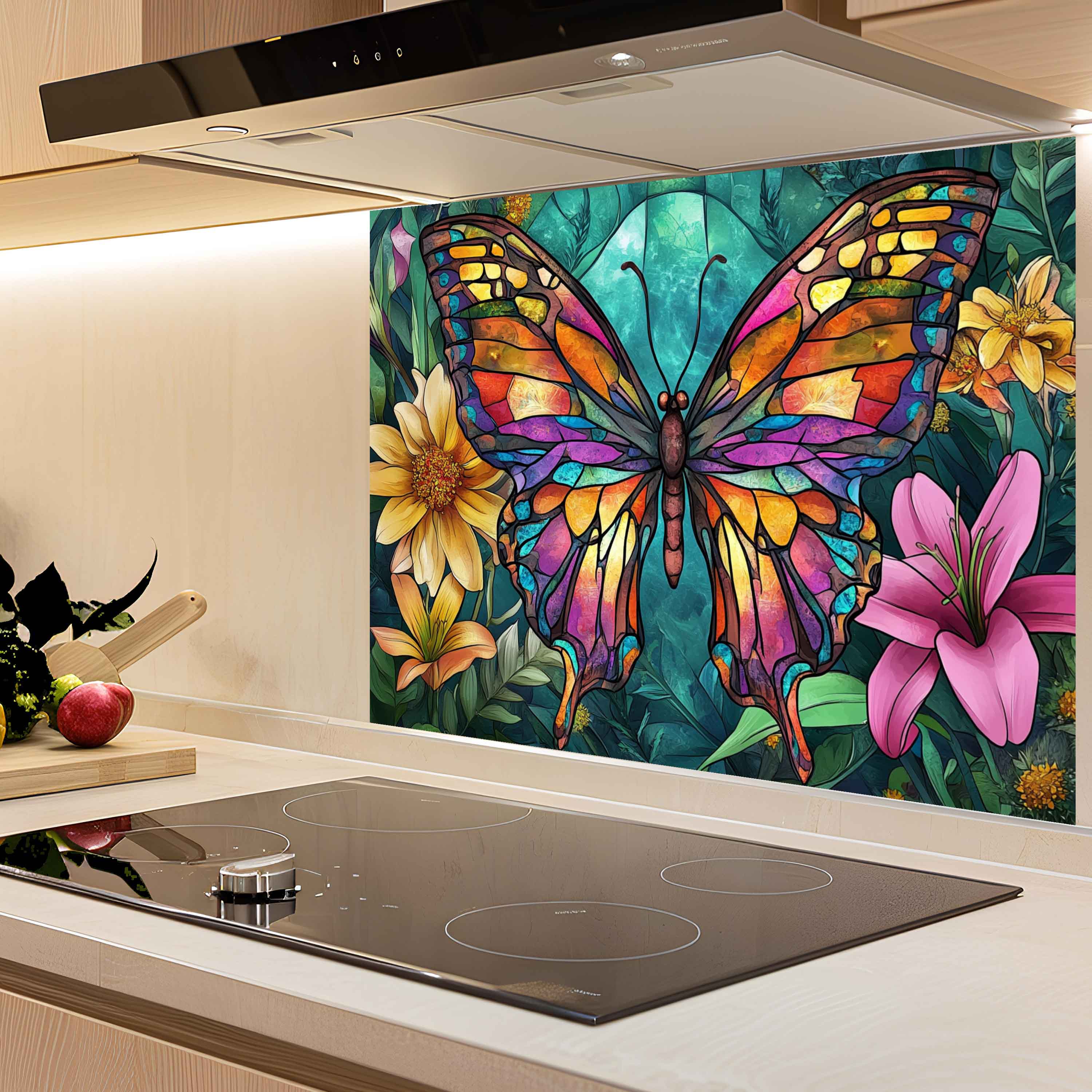Tempered Glass Backsplash for Kitchen | Colorful Butterfly & Floral Stained Glass Design