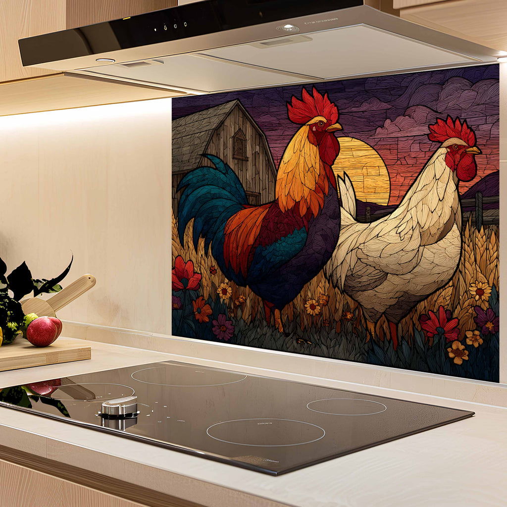 Salpicadero de Vidrio Templado para Cocina | Diseño de Escena de Granja de Gallo y Gallina Rústicos