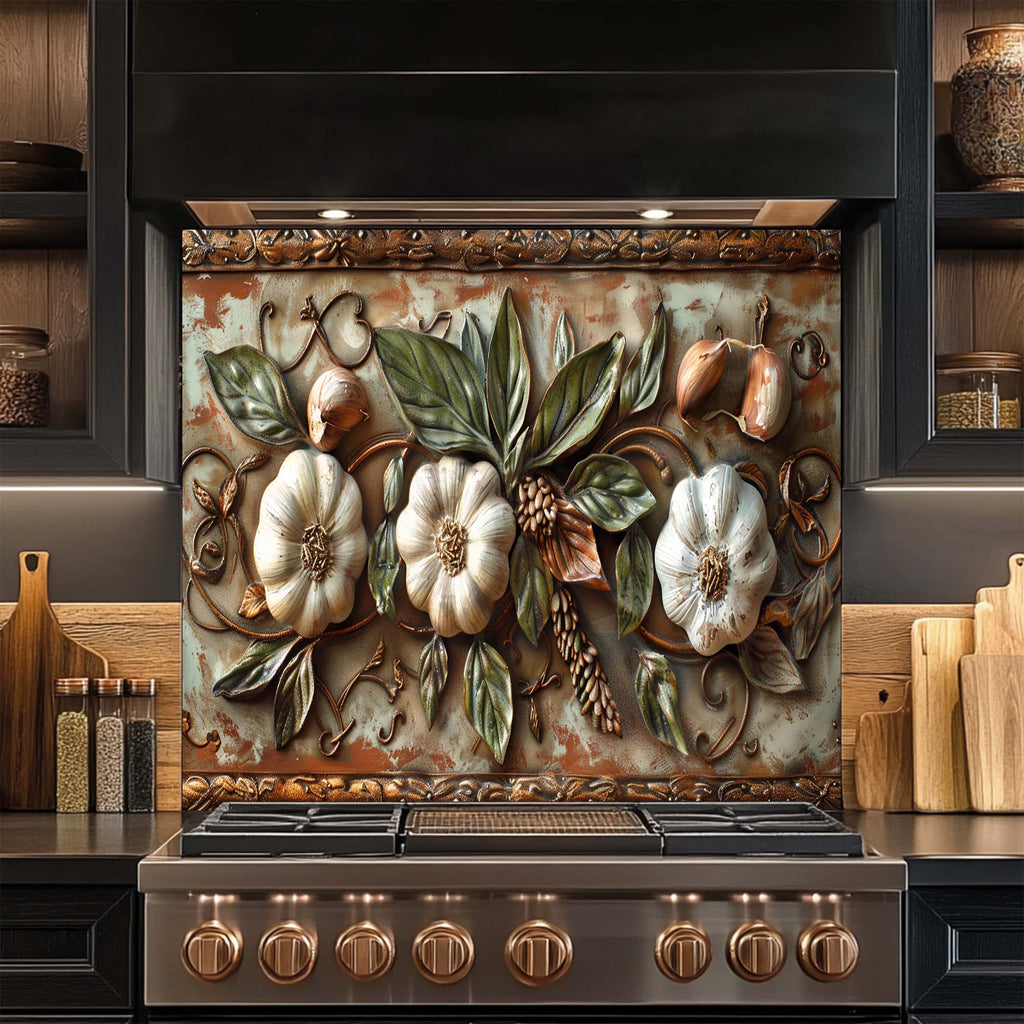 Salpicadero de cristal templado Tuscan Garlic Garden para cocina | Salpicadero con diseño de ajos y hojas