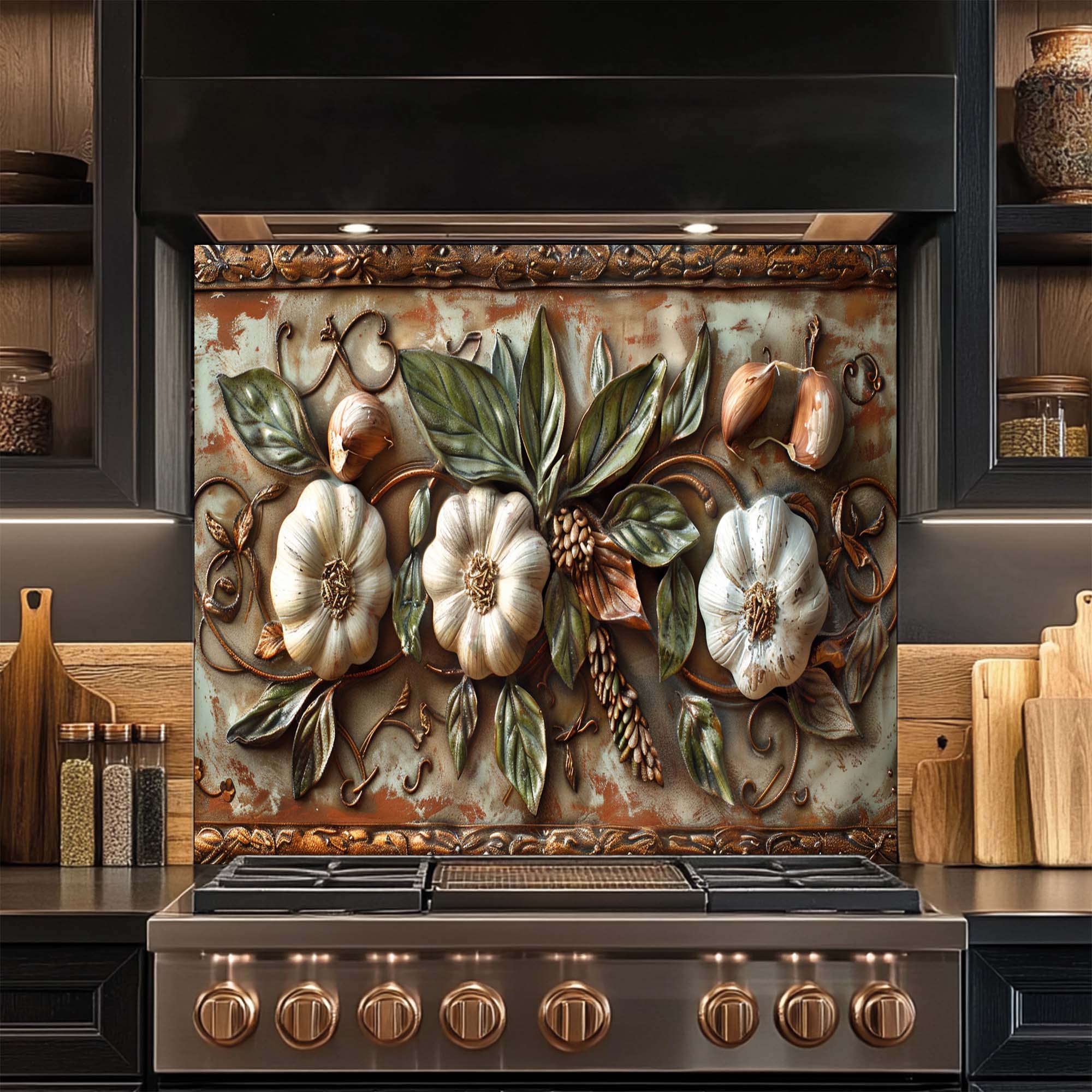 Salpicadero de cristal templado Tuscan Garlic Garden para cocina | Salpicadero con diseño de ajos y hojas