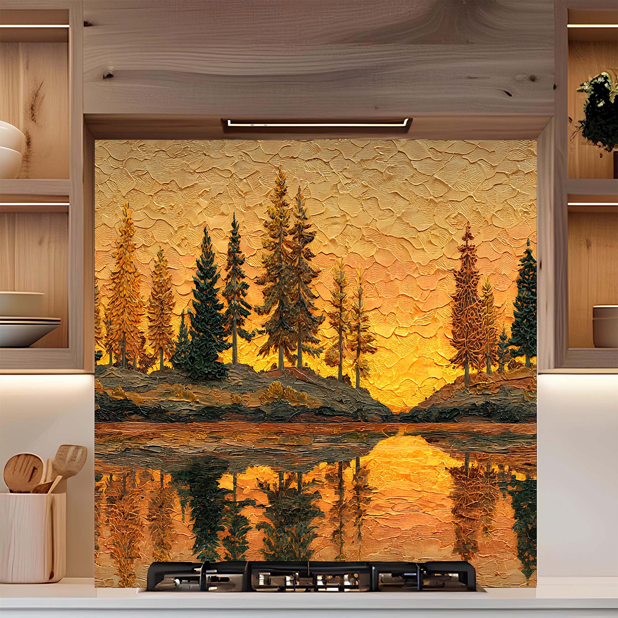 Custom Kitchen Backsplash – Golden Sunset Forest Tempered Glass Backsplash
