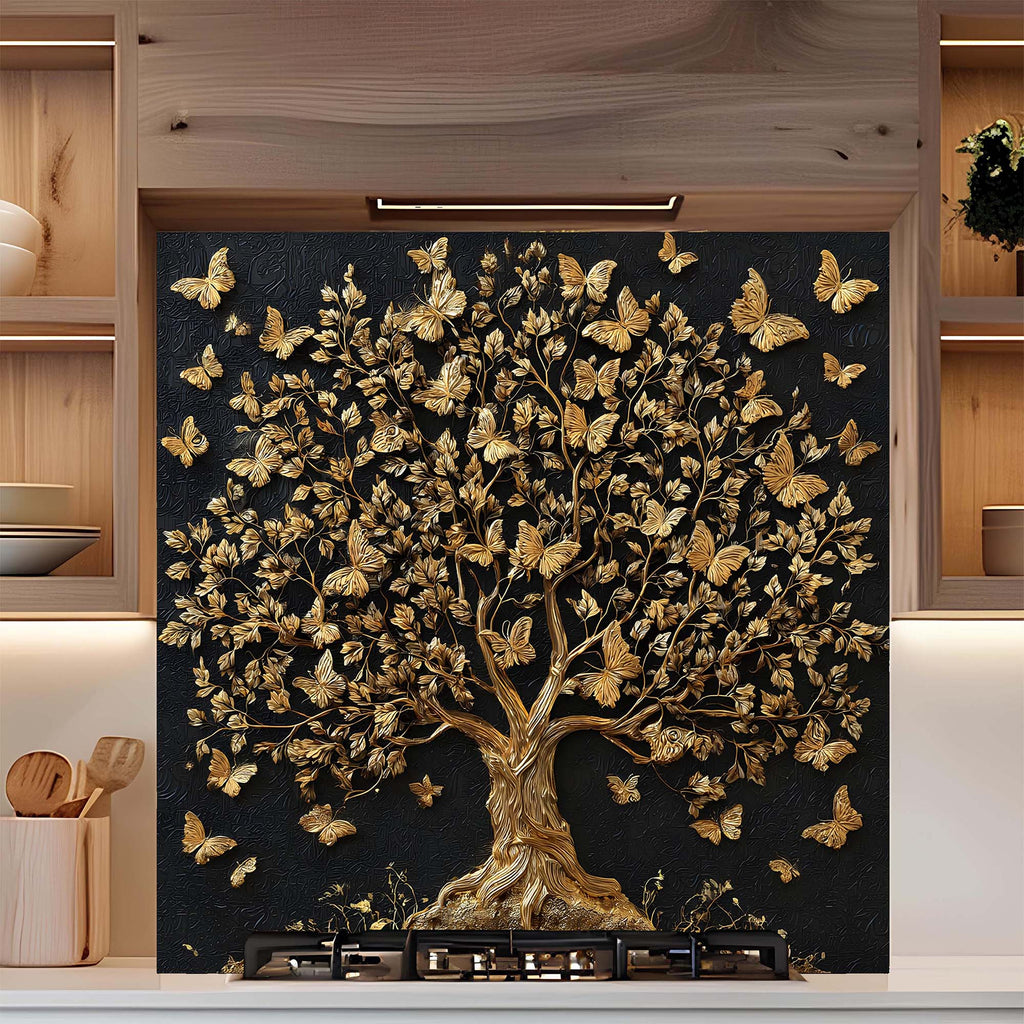 Custom Kitchen Backsplash – Golden Whisper Tempered Glass Stove Backsplash